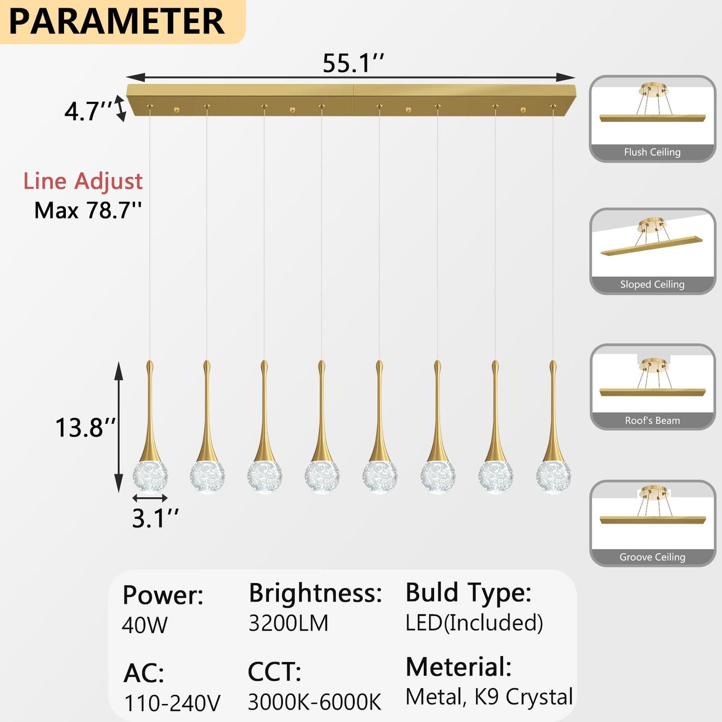 8 Light Modern Glam Crystal Rectangular Chandelier For High Ceiling Led Dimmable Ceiling Pendant Light Kitchen Island Staircase Foyer Enterway Living Room Chandelier Lighting Antique Gold