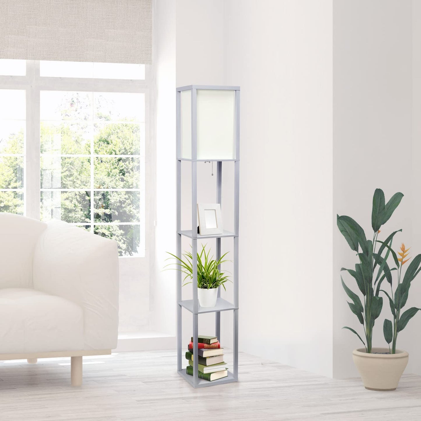 LALIA HOME Column Shelf Floor Lamp, Linen Shade, Gray, Wood, Model LHF-3004-GY