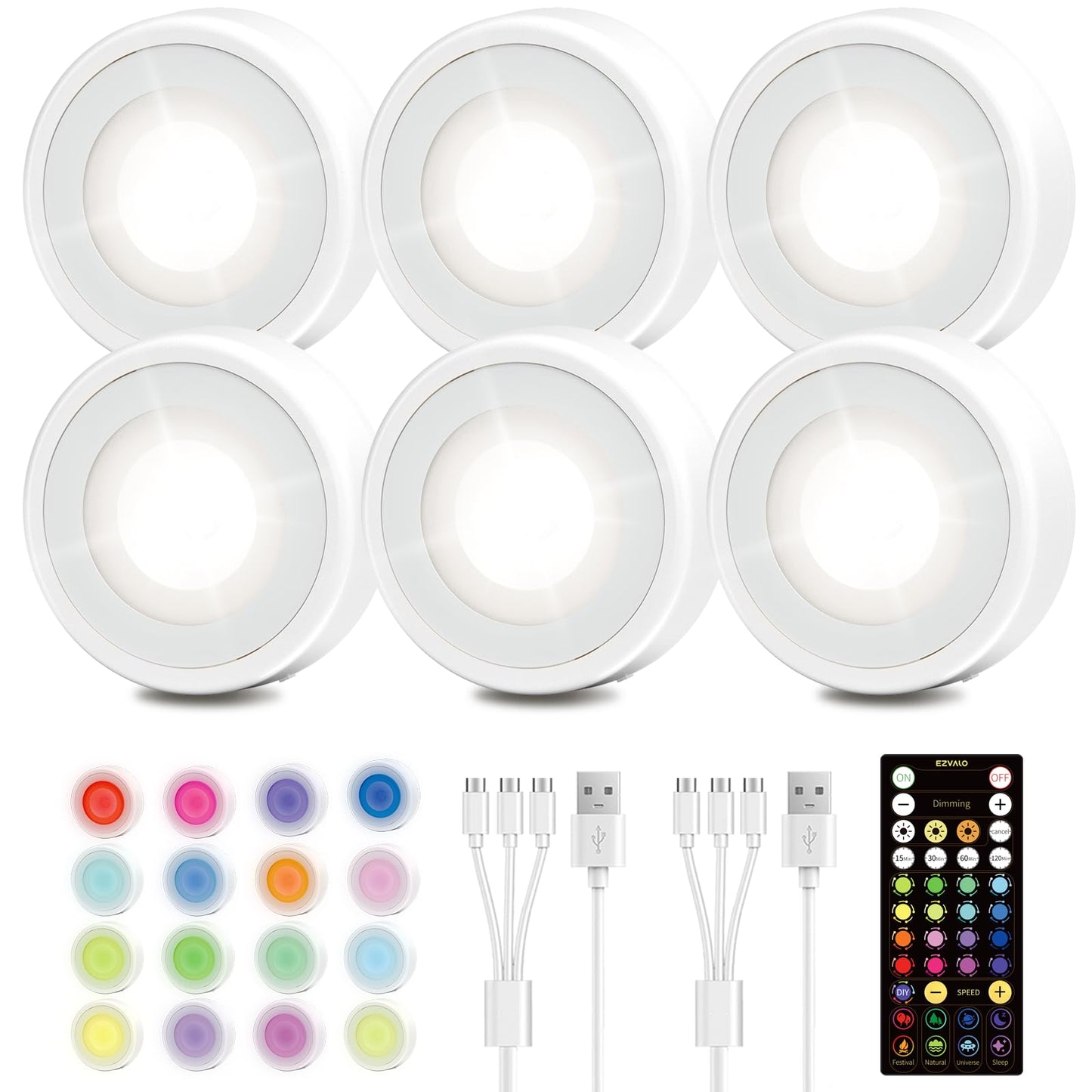 Ezvalo Led Puck Lights  6 Pack Rechargeable 3 Color & 16 Rgb Battery Touch Light  2.5   Mini Tap Lights  Wireless Closet Light  Under Cabinet Lighting  Sitck On Lights For Kitchen Pantry Shelves