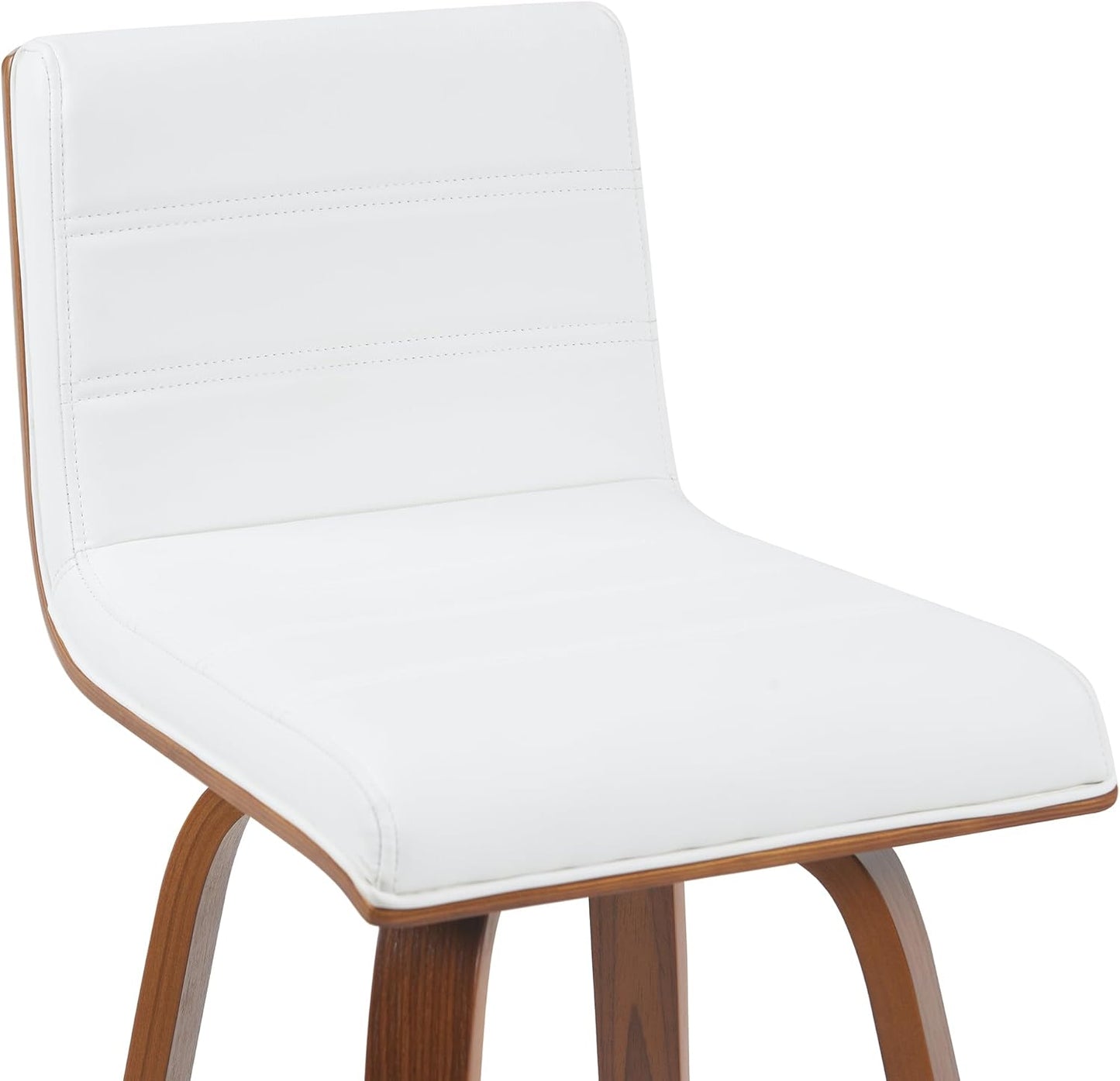 Armen Living Vienna Modern Swivel 30" Bar Height Barstool with White Faux Leather and Walnut Wood Finish