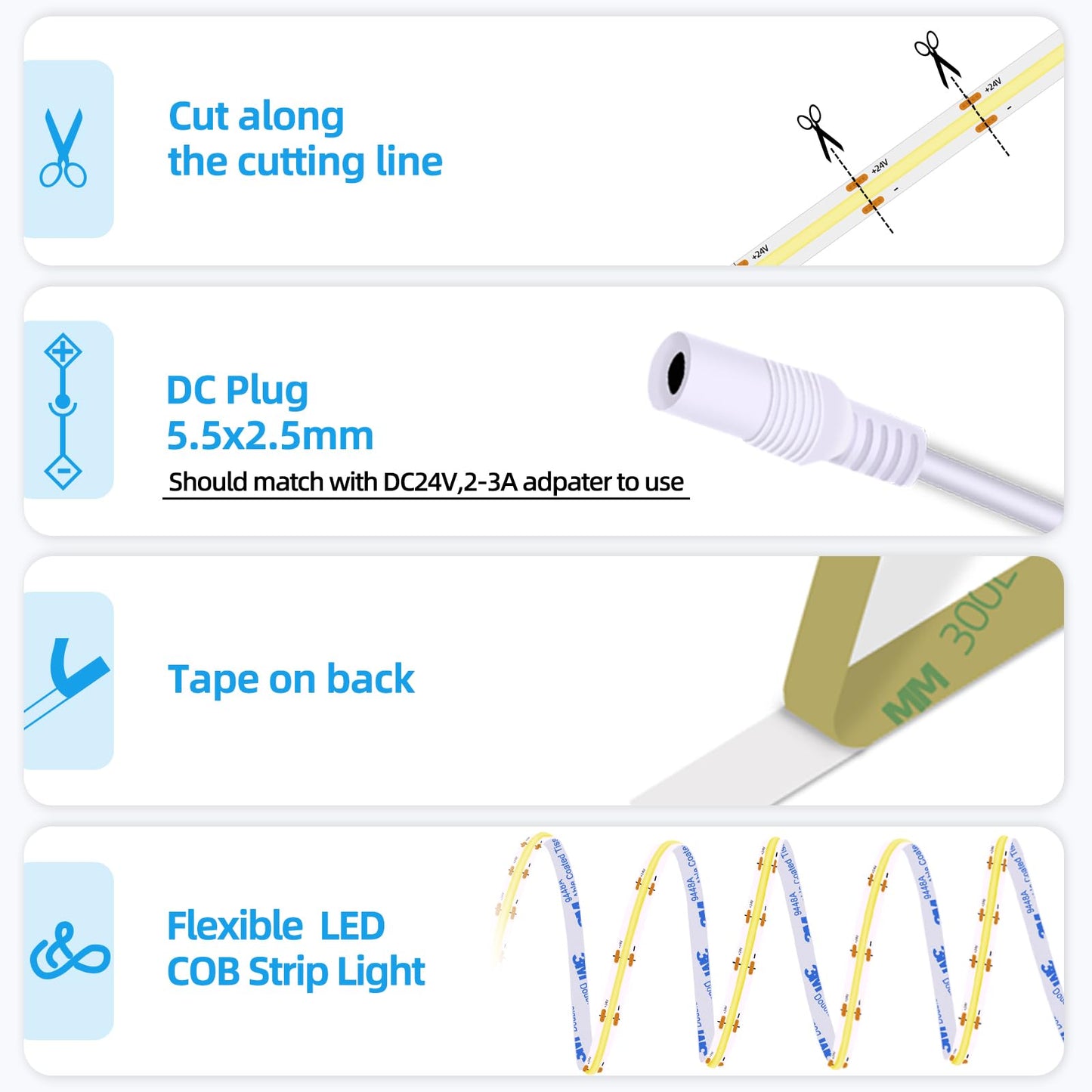 Led Strip Lights 24V Daylight White Led Cob 6000K Super Bright Led16.4Ft Dotless High Density Cuttable Flexible For Home Diy Commercial Lighting Projects 3 Pack (Power Supply & Dimmer Not Included)