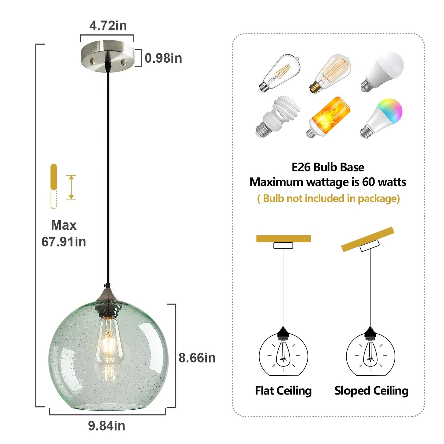 Lbsqj Light Green Glass Pendant Lights Kitchen Island Globe Pendant Light Fixtures Modern Pendant Lighting For Bedroom Living Dining Room Light Fixture (9.84 In  3 Pack)