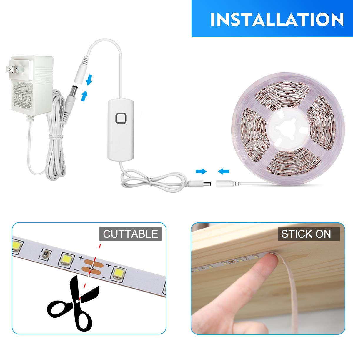 Myplus Under Cabinet Lighting Kit  65.6Ft Dimmable Led Strip Lights With 1200 Leds 24V  Low Power Safety Adapter  Flexible Tape Light For Kitchen Cabinet Bedroom Counter Shelf (Warm White-3000K)