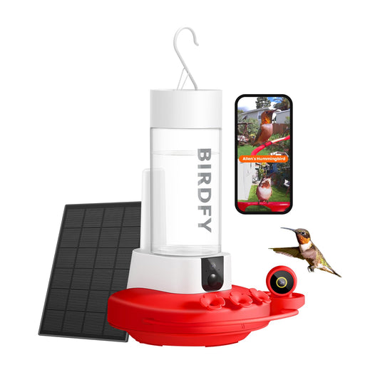 Birdfy Hummingbird Feeder with Dual Cameras - 2K HD Smart Cameras Solar Powered, Close-Up Bird Video/Live Watching & Instant Notifications, Ant Moat & Leakproof - 20oz (AI Lifetime)