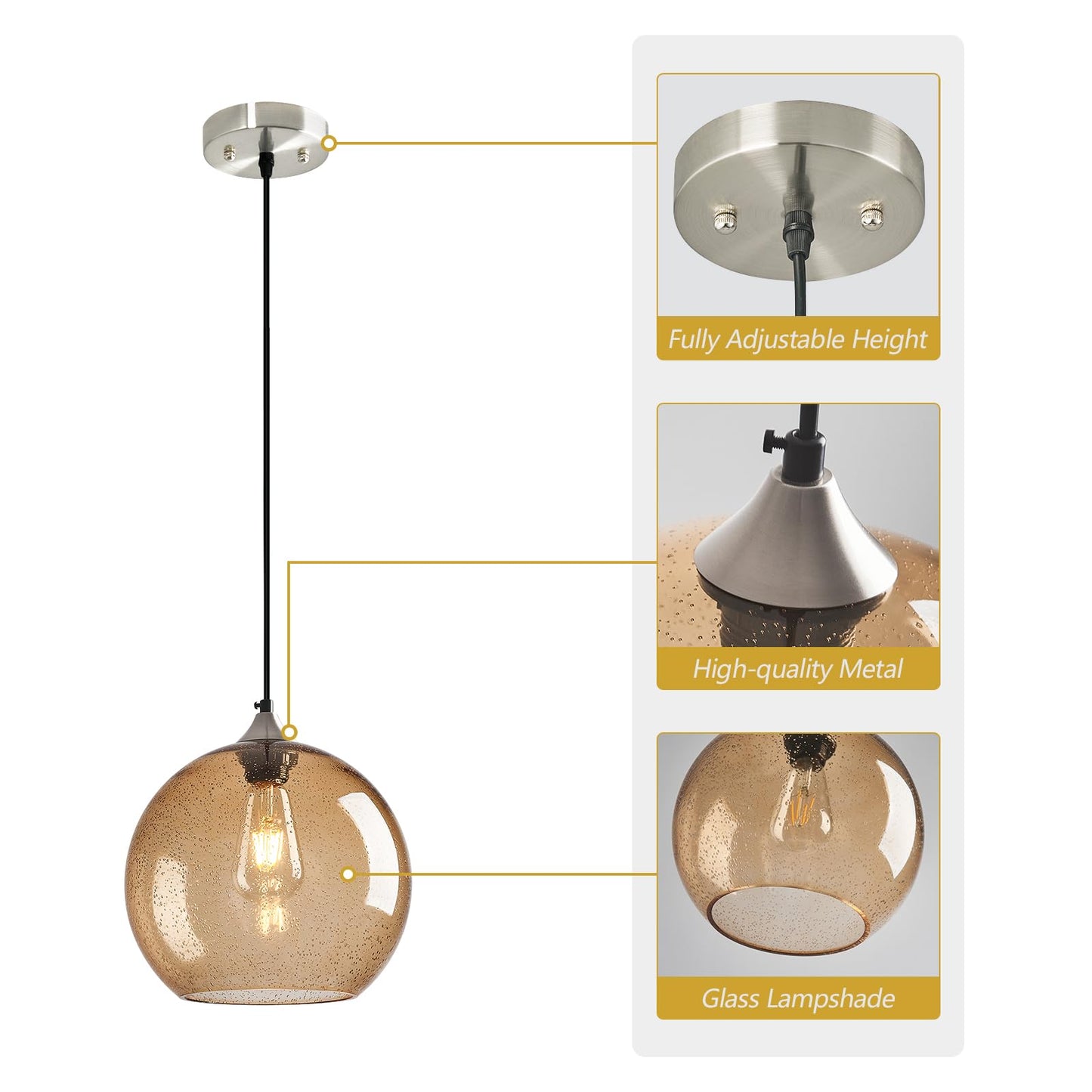 Lbsqj Light Brown Glass Pendant Lights Kitchen Island Globe Pendant Light Fixtures Modern Pendant Lighting For Bedroom Living Dining Room Light Fixture (9.84 In  3 Pack)