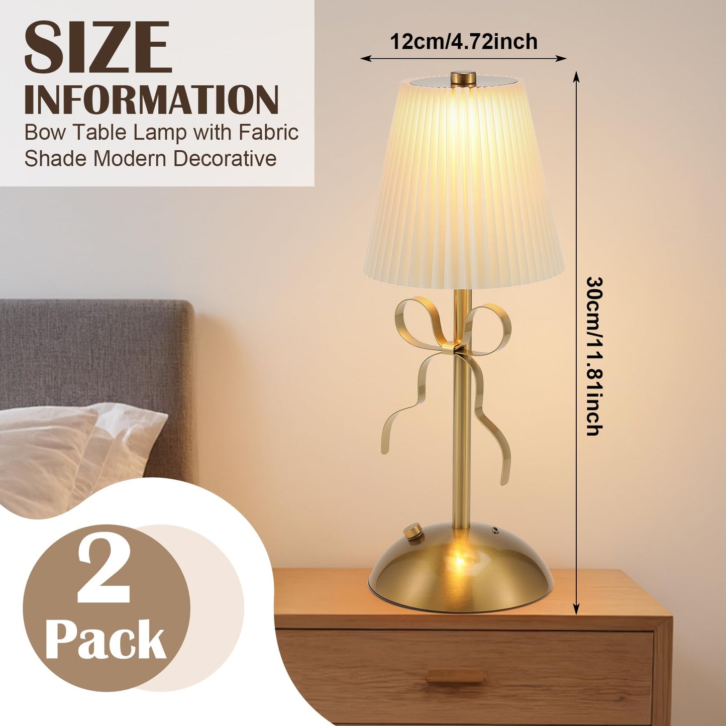 Kittmip 2 Pack Small Gold Bow Table Lamp 12 Inch For GirlS Bedroom Cute Coquette Bow Table Lamp With Fabric Shade Modern Decorative Bedside Light Small Princess Desk Lighting Boho Living Room(White)