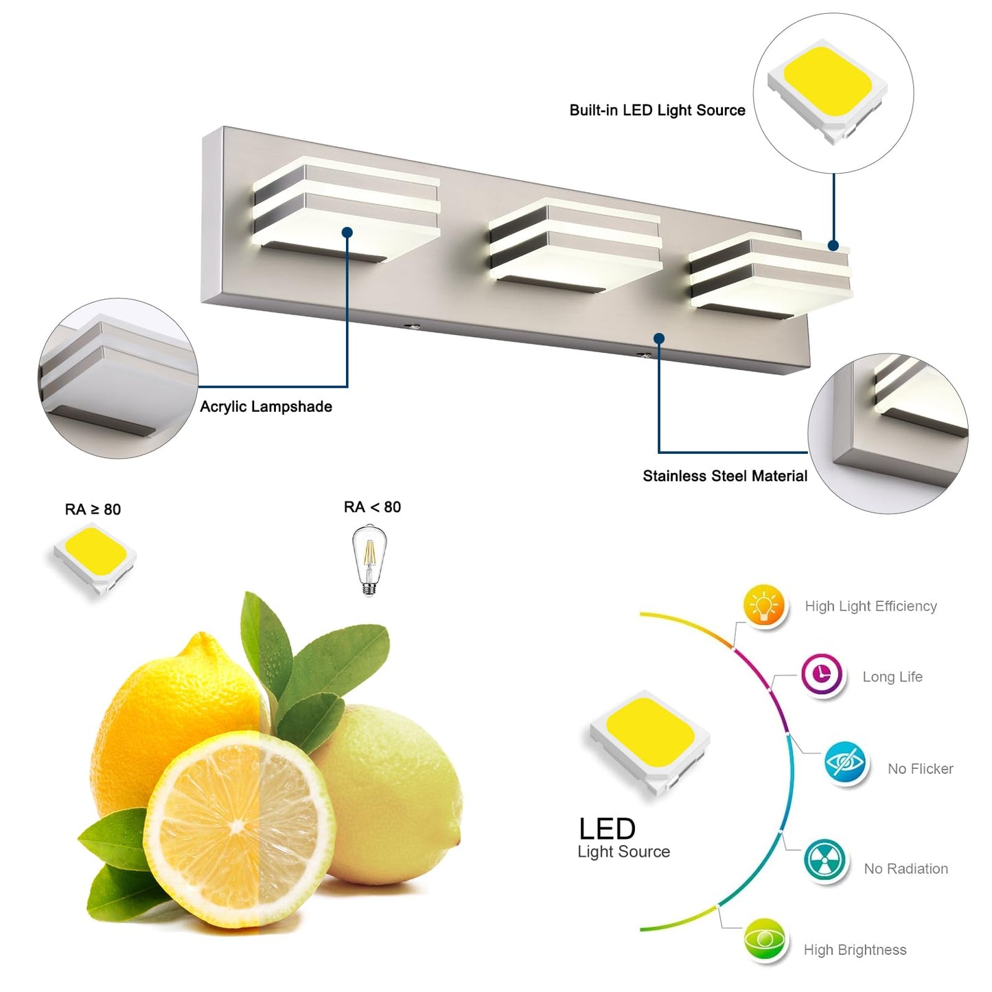 Yumcrelect Brushed Nickel Vanity Lights For Bathroom Light Fixtures (3-Light  20-Inch) Adjust 3 Colors Modern Bath Lighing Fixture Over Mirror Led Vanity Lighting