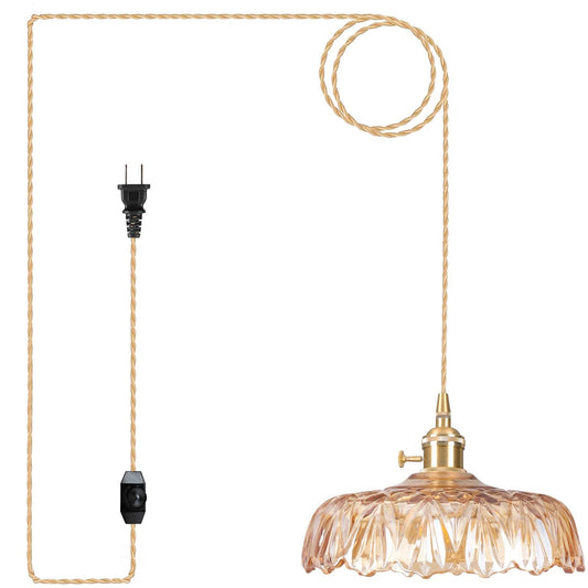 Loiogohot Plug In Pendant Light Fixtures Amber Glass Lampshade Pendant Lighting 9.4In E26 Hanging Light Fixturecorded On/Off Switch For Kitchen Island  Bedroom  Dining Room