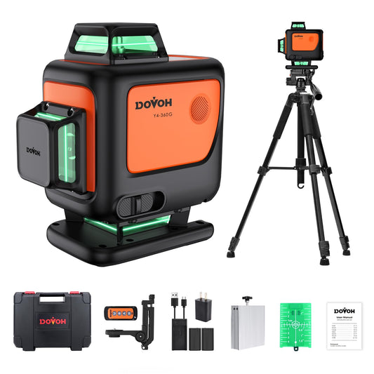 DOVOH 4D Laser Level with Tripod : Dual Batteries Laser Level 360 Self Leveling Green Hard Toolbox for Construction Floor Tiling Ceiling, Class Ⅱ, Y4-360G-KIT