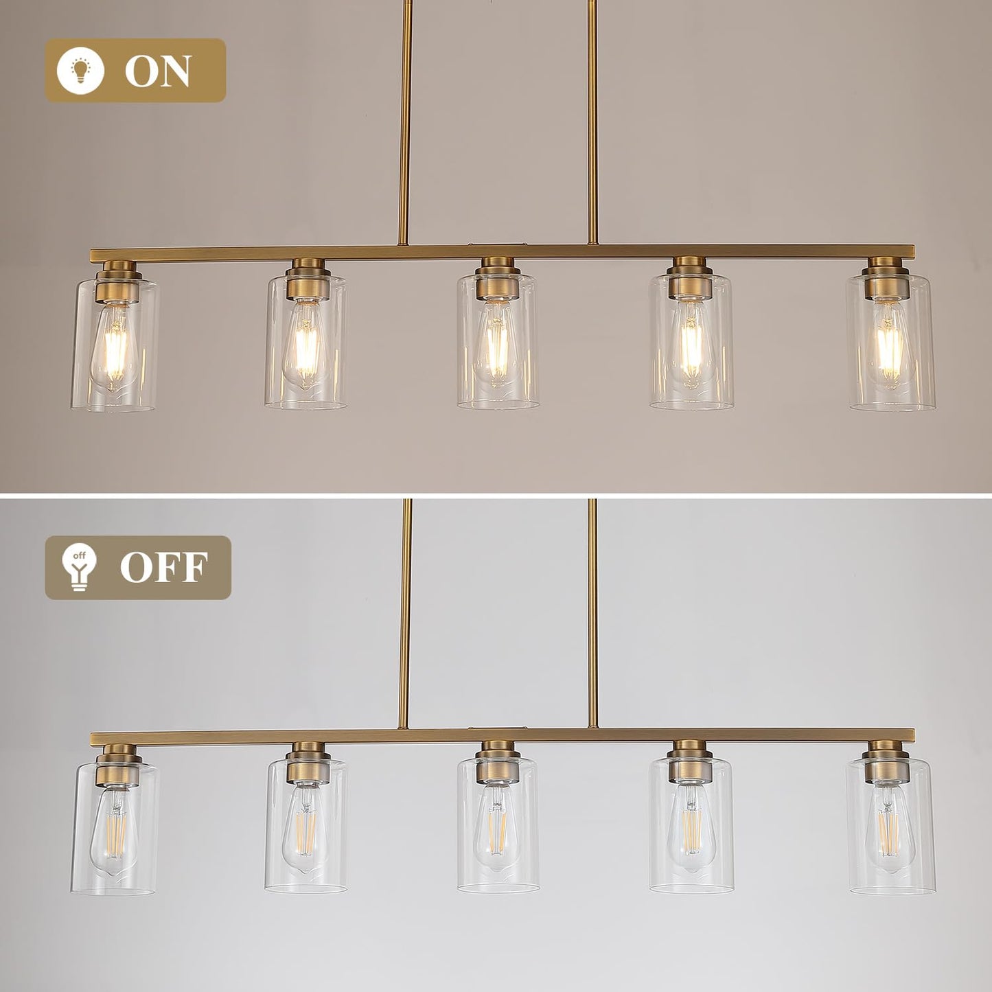 Mecgirn Island Light For Kitchen  Brushed Brass Dining Room Light Fixture Over Table  5-Light Linear Chandelier Pendant Lighting For Dining Table Kitchen Island Living Room