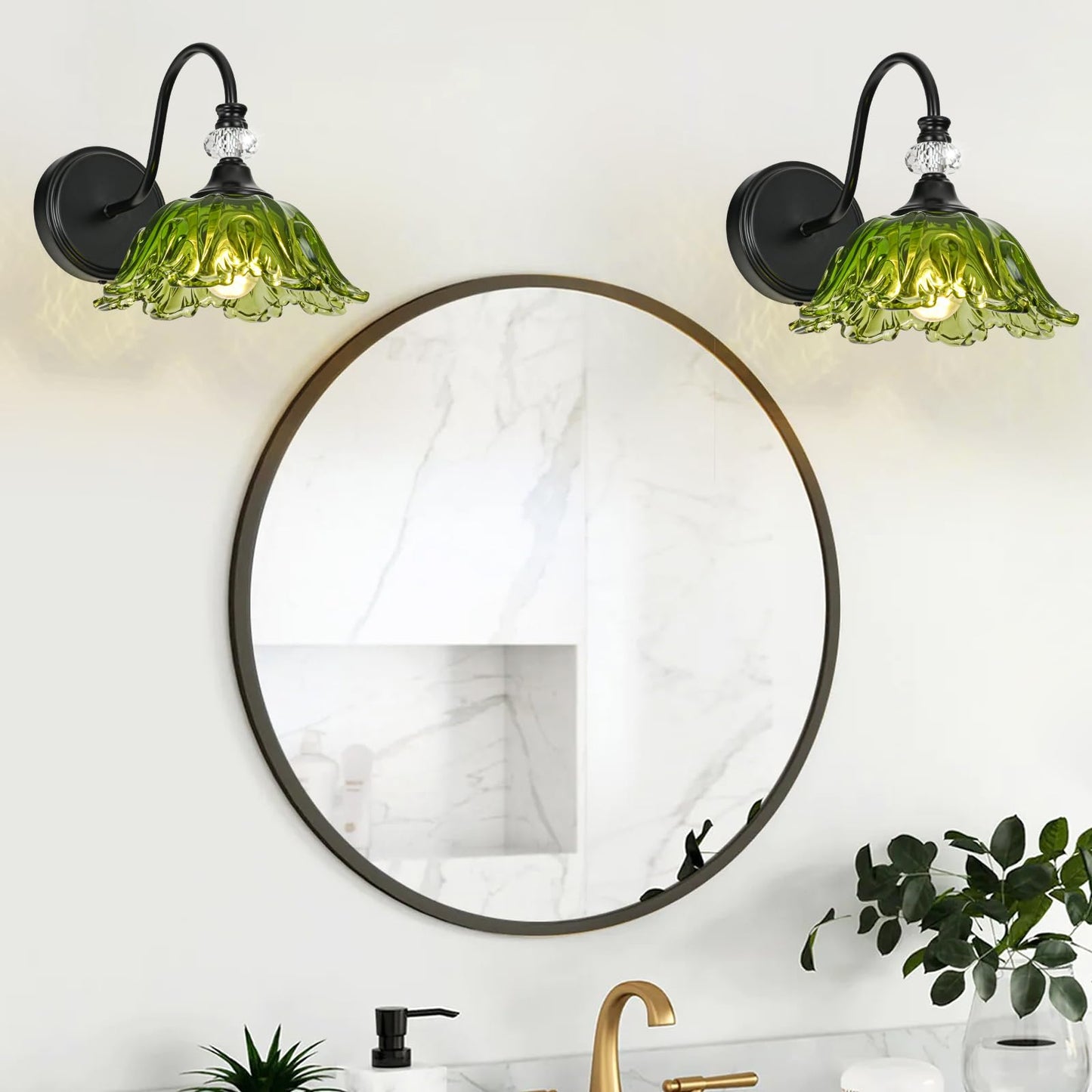 Sunkryster 1 Piece Black Wall Sconce With Floral Green Glass Shade  Black Farmhouse Wall Mount Lighting For Bathroom Vintage Bathroom Vanity Light Fixture