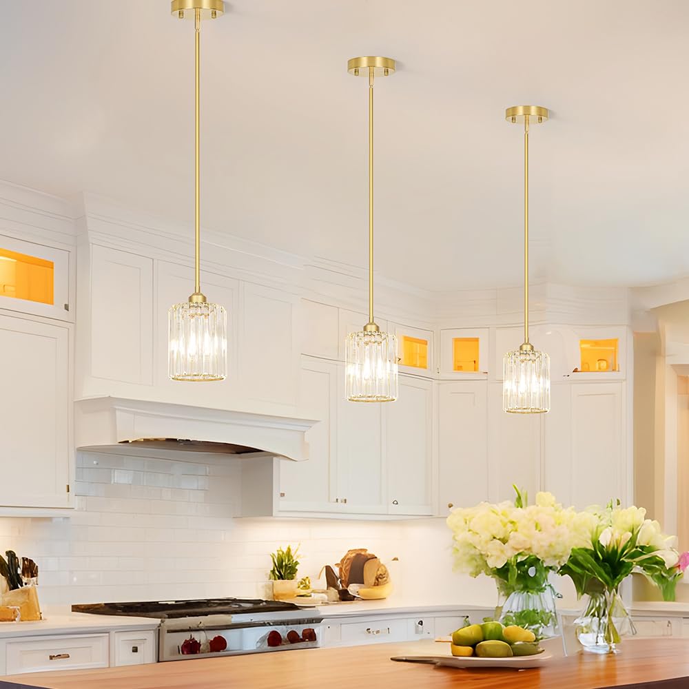 Lxybcce Gold Kitchen Pendant Lights Over Island With Adjustable Rods - Crystal Pendant Lighting Fixtures For Sloped Ceiling  Ideal Over Dining Table Or Bar  E26 Bulb Compatible  No Electrician Needed