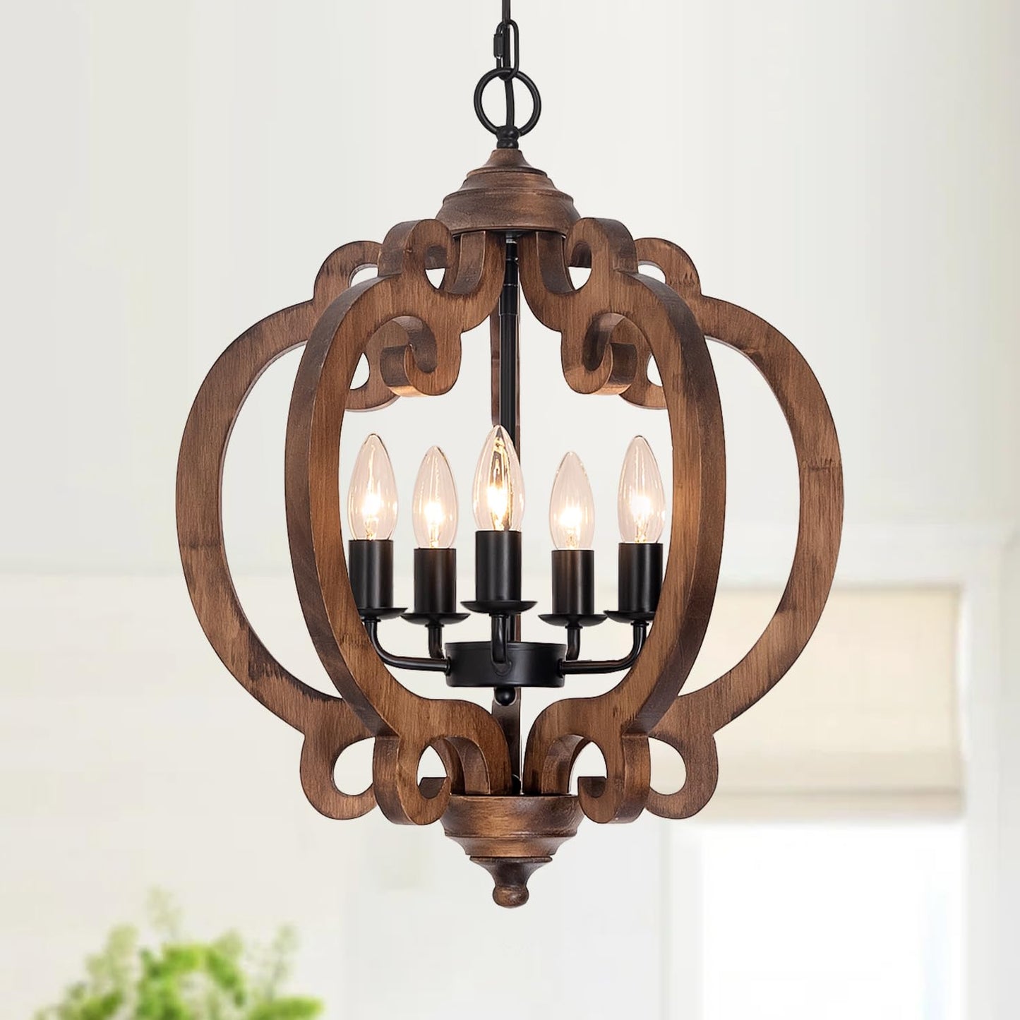 17.72 Farmhouse Wood Chandelier  5-Light Rustic Dining Room Light Fixture  Farmhouse Hanging Pendant Lighting  Vintage Orb Chandeliers For Kitchen Island Foyer Living Room Bedroom