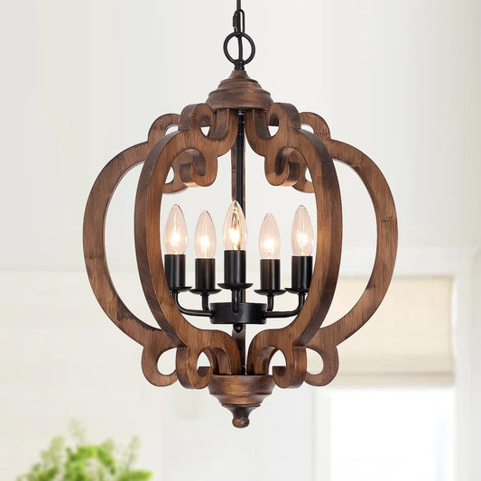 17.72 Farmhouse Wood Chandelier  5-Light Rustic Dining Room Light Fixture  Farmhouse Hanging Pendant Lighting  Vintage Orb Chandeliers For Kitchen Island Foyer Living Room Bedroom