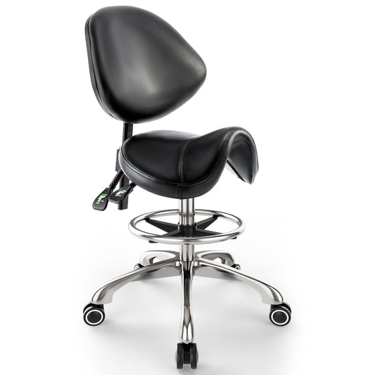 Saddle Chair with Back Support - Adjustable Height with Foot Rest，350 LBS Capacity Ergonomic，360° Swivel Drafting Chair for Salon，Spa，Massage，Tattoo，Facial lash，Home, Dentist Clinic (Black)