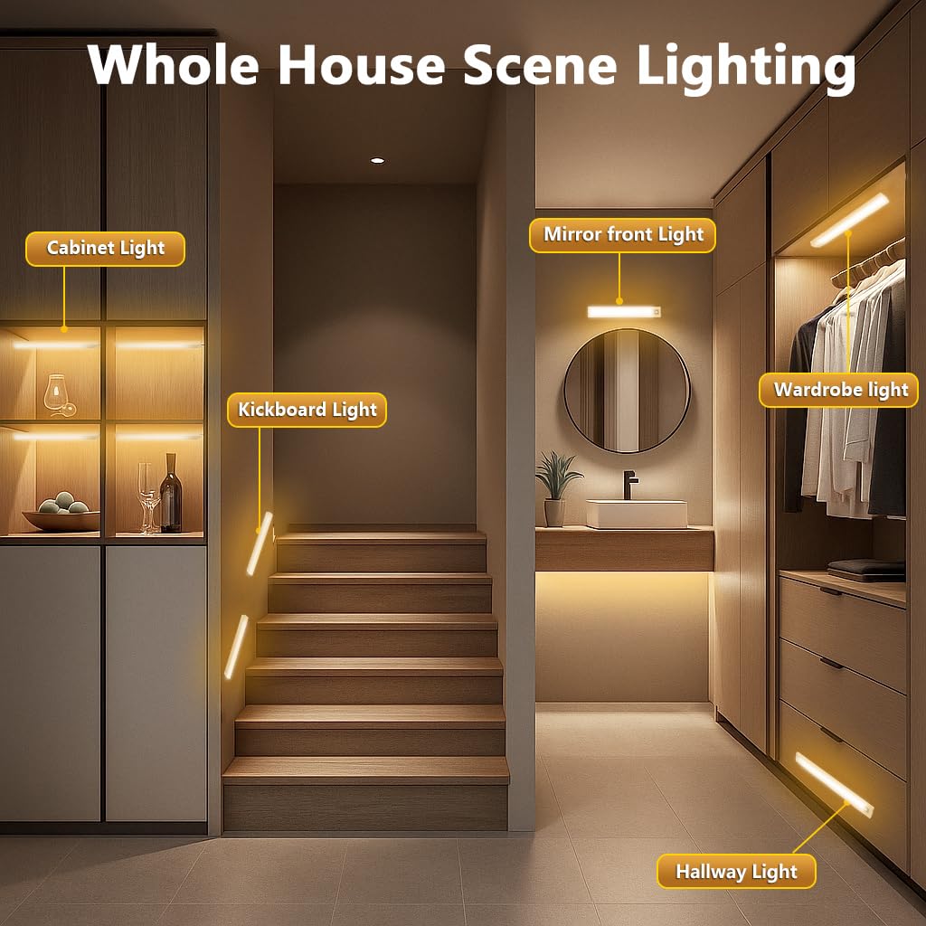 10  Under Cabinet Lighting  68Leds Motion Sensor Light Indoor  Rechargeable Battery Magnetic Closet Light  Wireless Under Counter Lights For Kitchen  Stairs  2-Pack Warm Light