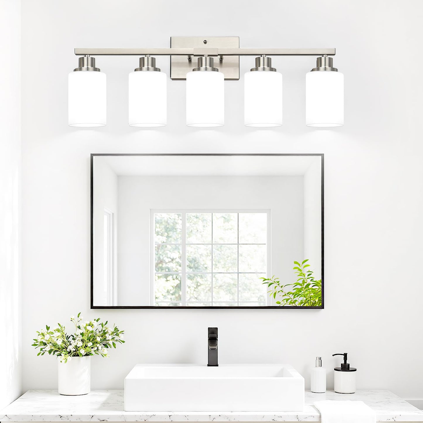 5-Light Vanity Light With Milky White Shades  Brushed Nickle Bathroom Lighting Fixtures Over Mirror  Modern Bathroom Wall Lamp For Mirror Living Room Cabinet Bedroom
