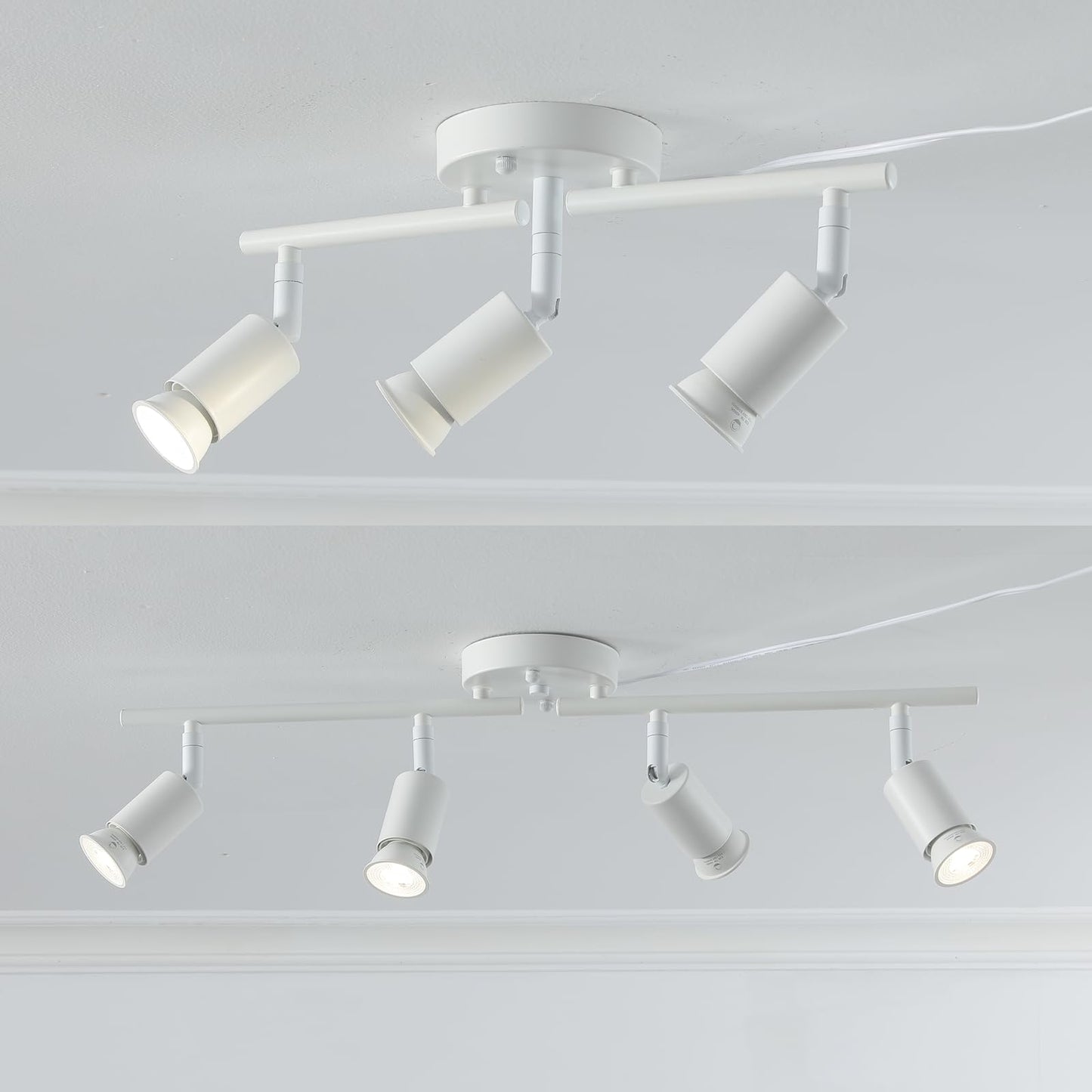Vivihobb Plug In Track Light White 4 Light Plug In Ceiling Lighting Fixture With 16.4 Long Cord 4 Way Ceiling Spotlight Rotatable Wall Mount Light Head