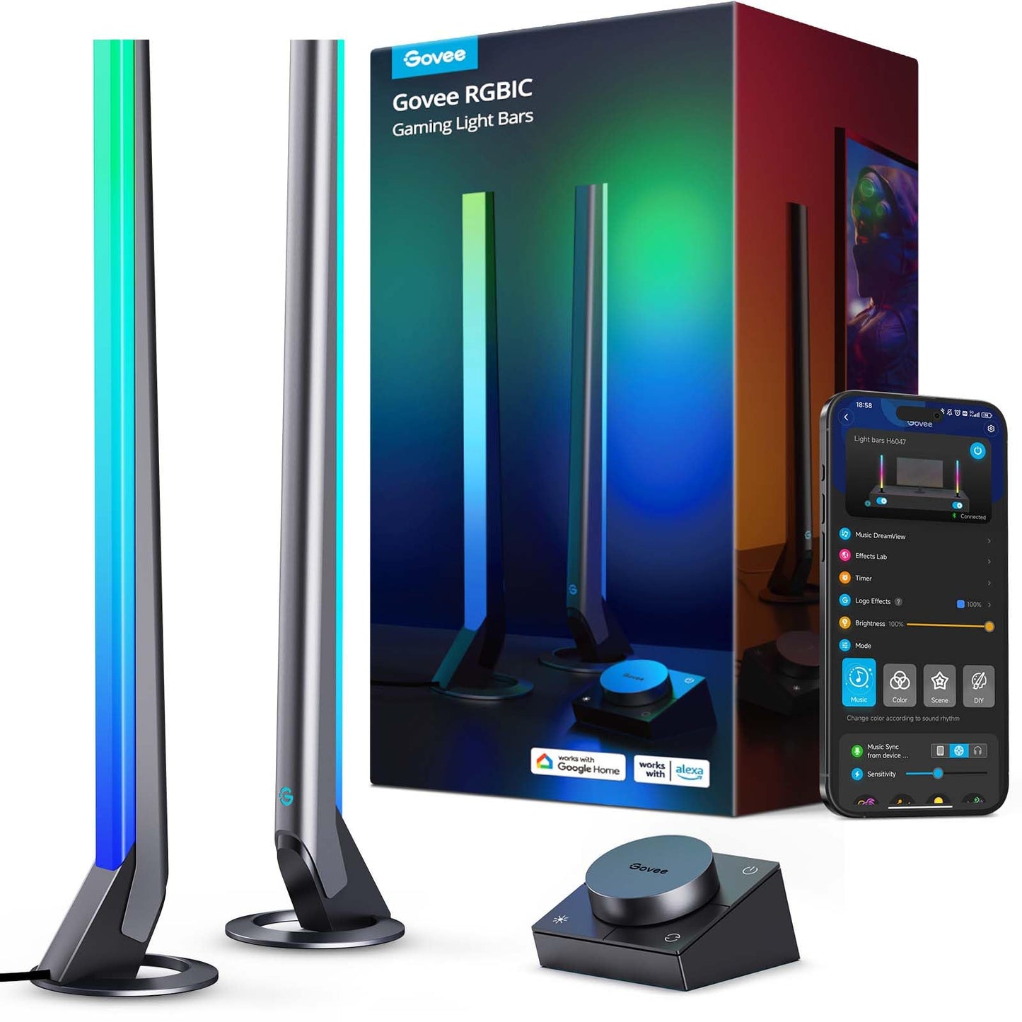 Govee RGBIC Gaming Light Bars H6047, Wi-Fi LED Light Bars, Music Modes, 60+ Scene Modes, 16.7 in, Plastic