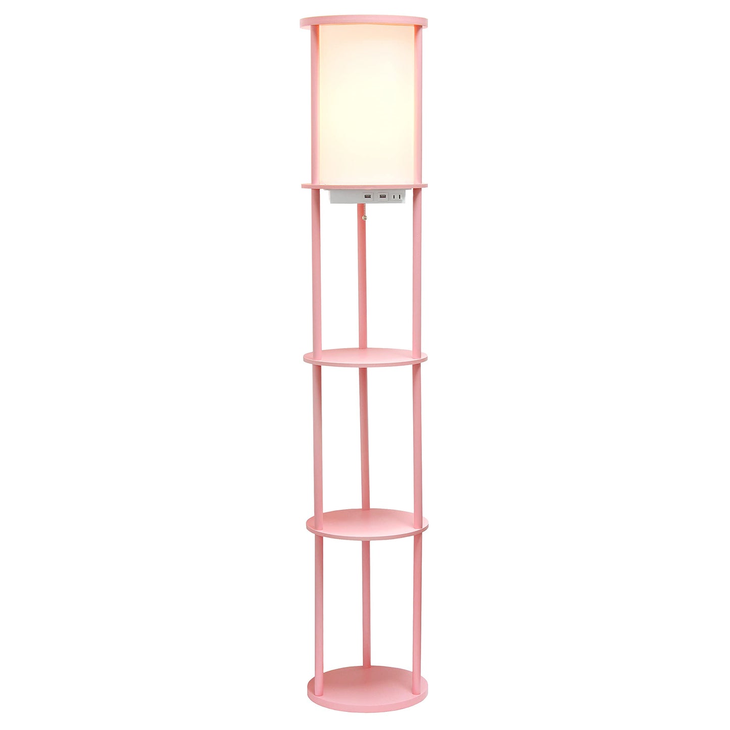 Simple Designs LF2010-LPK Round Shelf Etagere Floor Lamp with USB Ports, Light Pink
