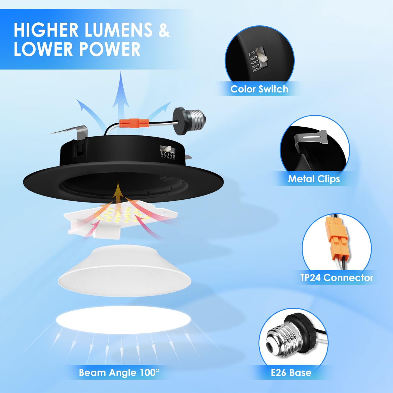 Anwio Recessed Lighting 6 Inch Black  5Cct 9W 1000Lm Flat Retrofit Led Recessed Lights Can Needs  2700/3000/4000/5000/6000K Selectable Can Lights Cri 80+ Dimmable E26 Base Ic Rated & Etl 5 Pack
