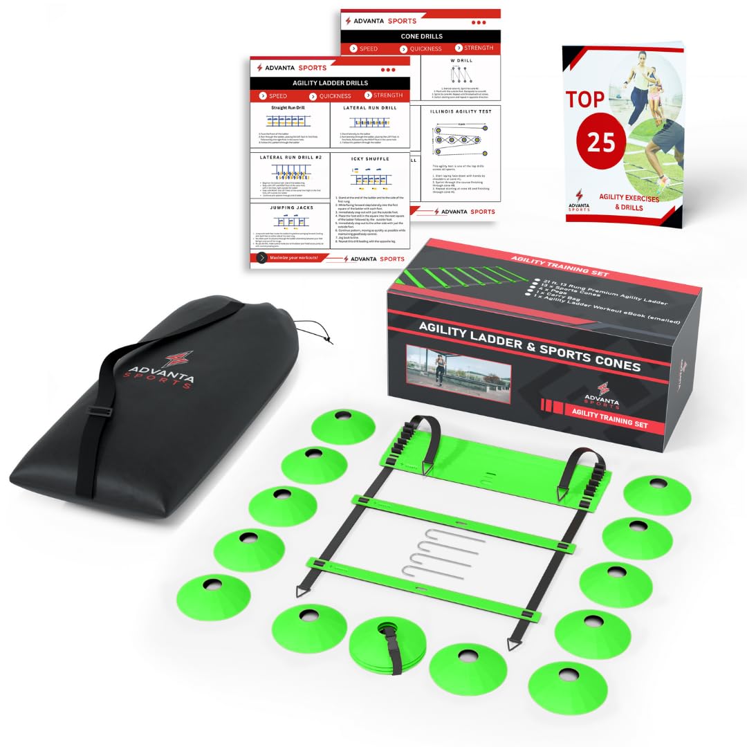 DELUXE EDITION Agility Ladder Training Set - 13 Rung 21ft Agility Ladder w/13 Disc Cones, Carry Bag - Improve Speed & Strength Soccer, Football, Basketball w/4 Steel Pegs for Outdoor Workout Charts