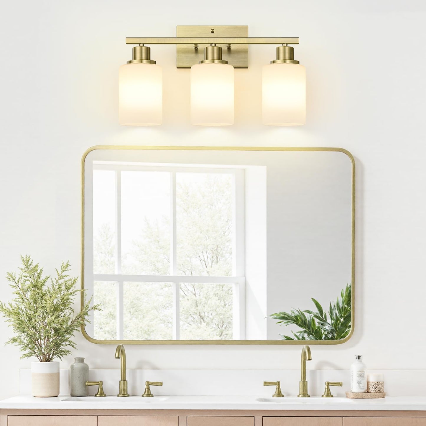 3-Light Bathroom Light Fixtures  Brass Vanity Light With Milky White Shades  Bathroom Lighting Fixtures Over Mirror  Modern Bathroom Wall Lamp For Mirror Living Room Cabinet Bedroom