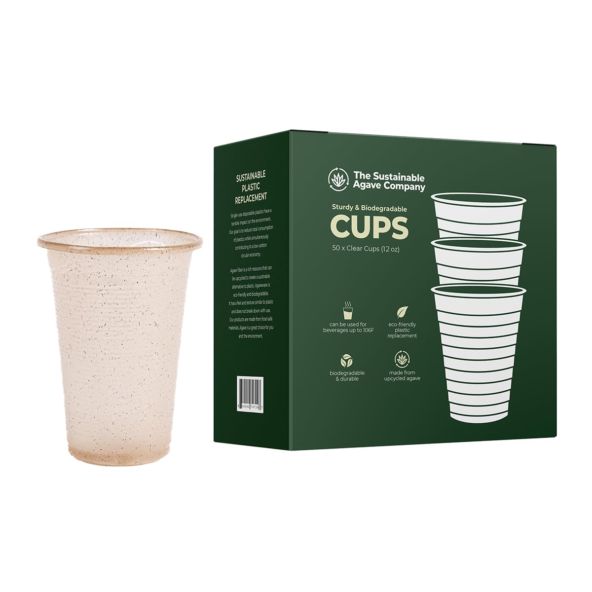 Sustainable Agave Co - Sweet Agave Fiber Cups - 12 Ounce - 50 Count - Biodegradable, Plant-Based, Made With Upcycled Materials - Clear