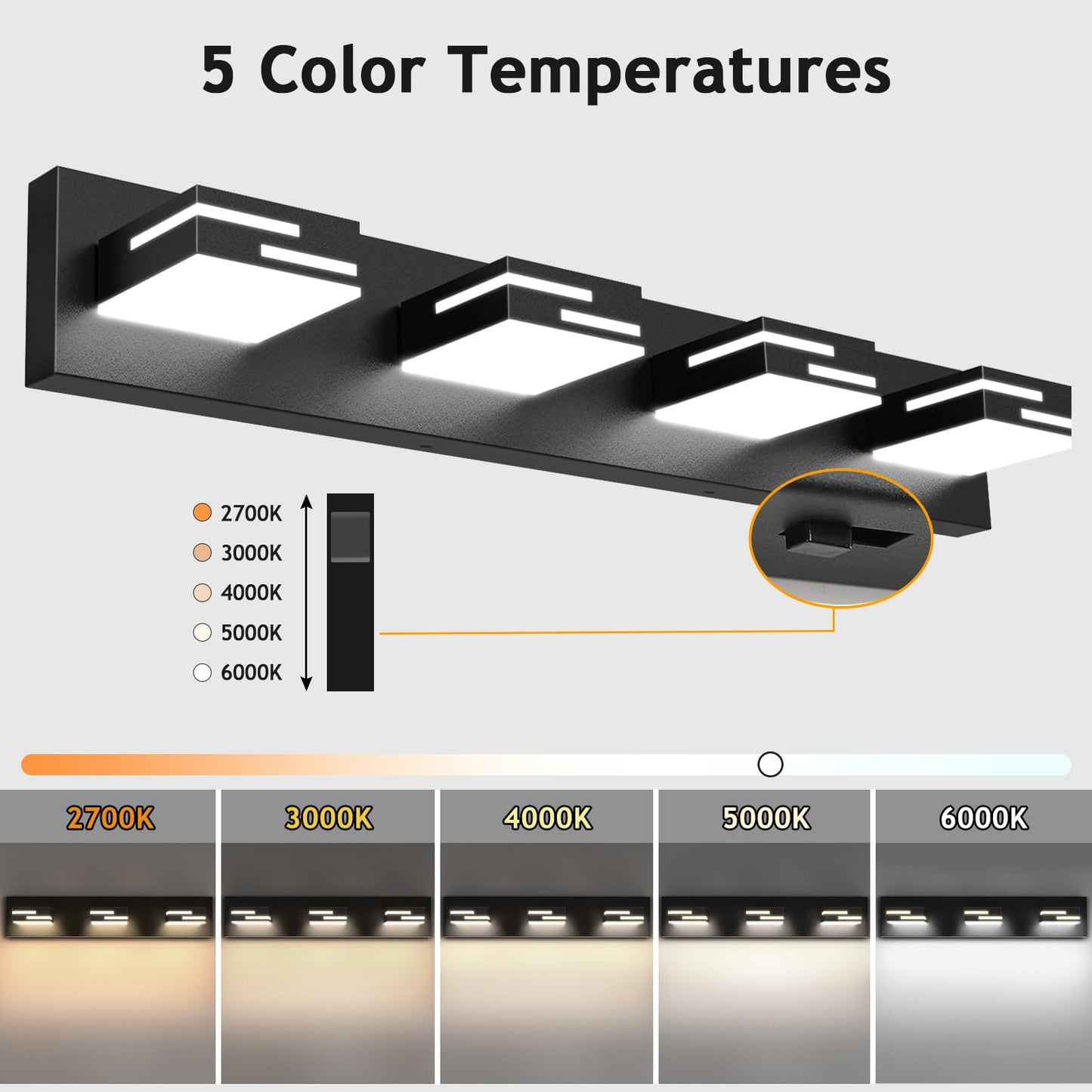 Lkhf Led Modern Bathroom Vanity Light Fixtures 4-Light 5Cct Dimmable Matte Black Vanity Lights For Bathroom Lighting Fixtures Over Mirror  With 350?Rotatable Acrylic Heads  28-Inch
