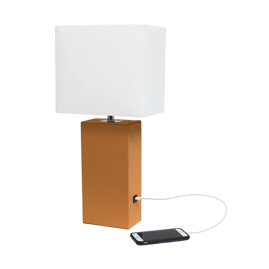 LALIA HOME Bedside Table Lamp with USB Charging Port, 21in, Tan, MDF & Leather (PVC), Model LHT-3012