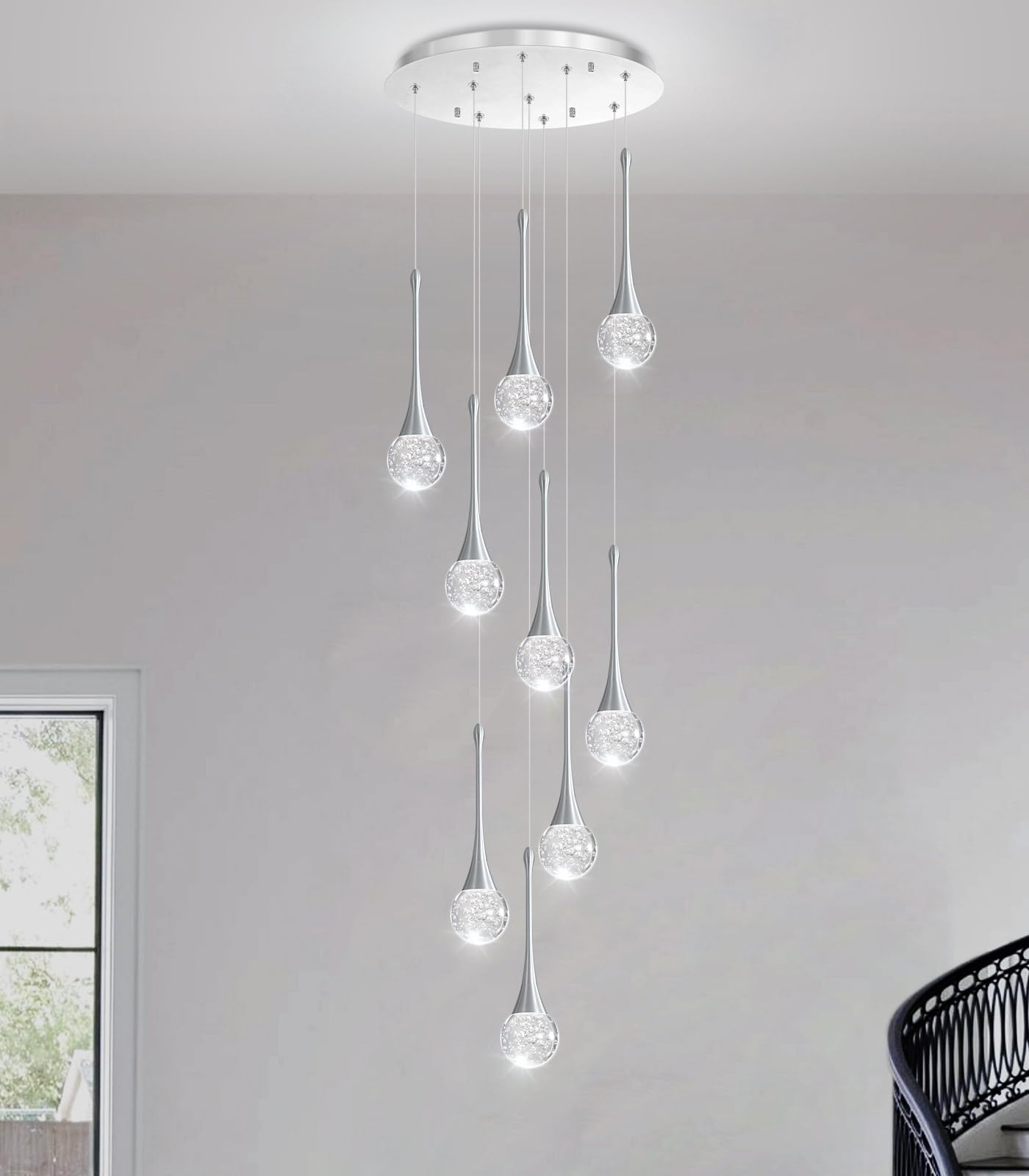 9 Light Modern Glam Crystal Chandelier For High Ceiling Led Dimmable Ceiling Pendant Light Staircase Foyer Enterway Living Room Chandelier Lighting Antique Silver