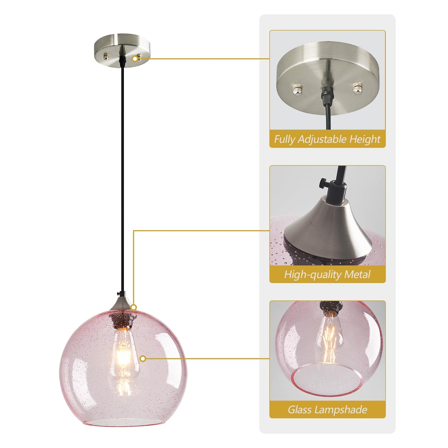 Lbsqj Pink Glass Pendant Lights Kitchen Island Globe Pendant Light Fixtures Modern Pendant Lighting For Bedroom Living Dining Room Light Fixture (9.84 In  1 Pack)