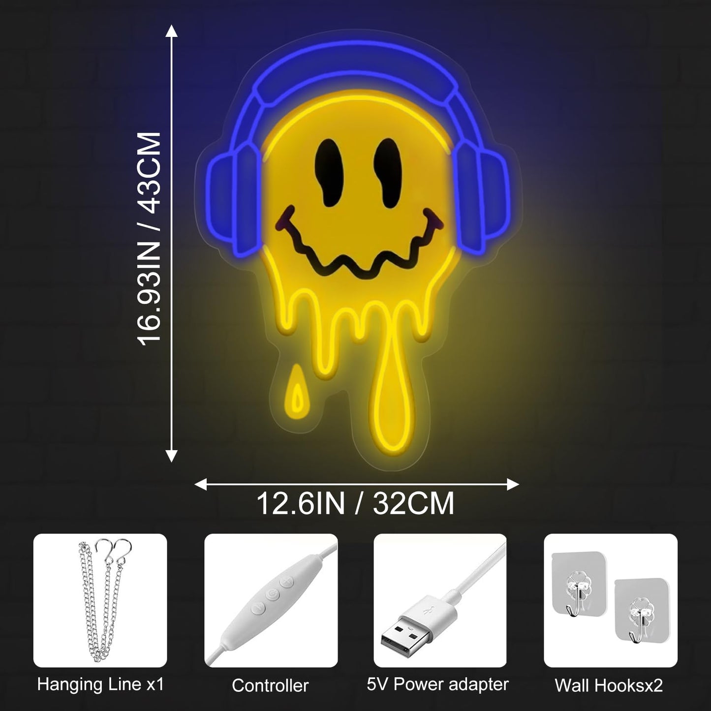 Melting Smile Face With Headphone Neon Sign For Wall Decor Neon Smile Light Signs For Kids Room Bar Party Bedroom Decor Lamp Personalized Gifts Kids Room  Wedding Decoration  Holiday Gift-Blue