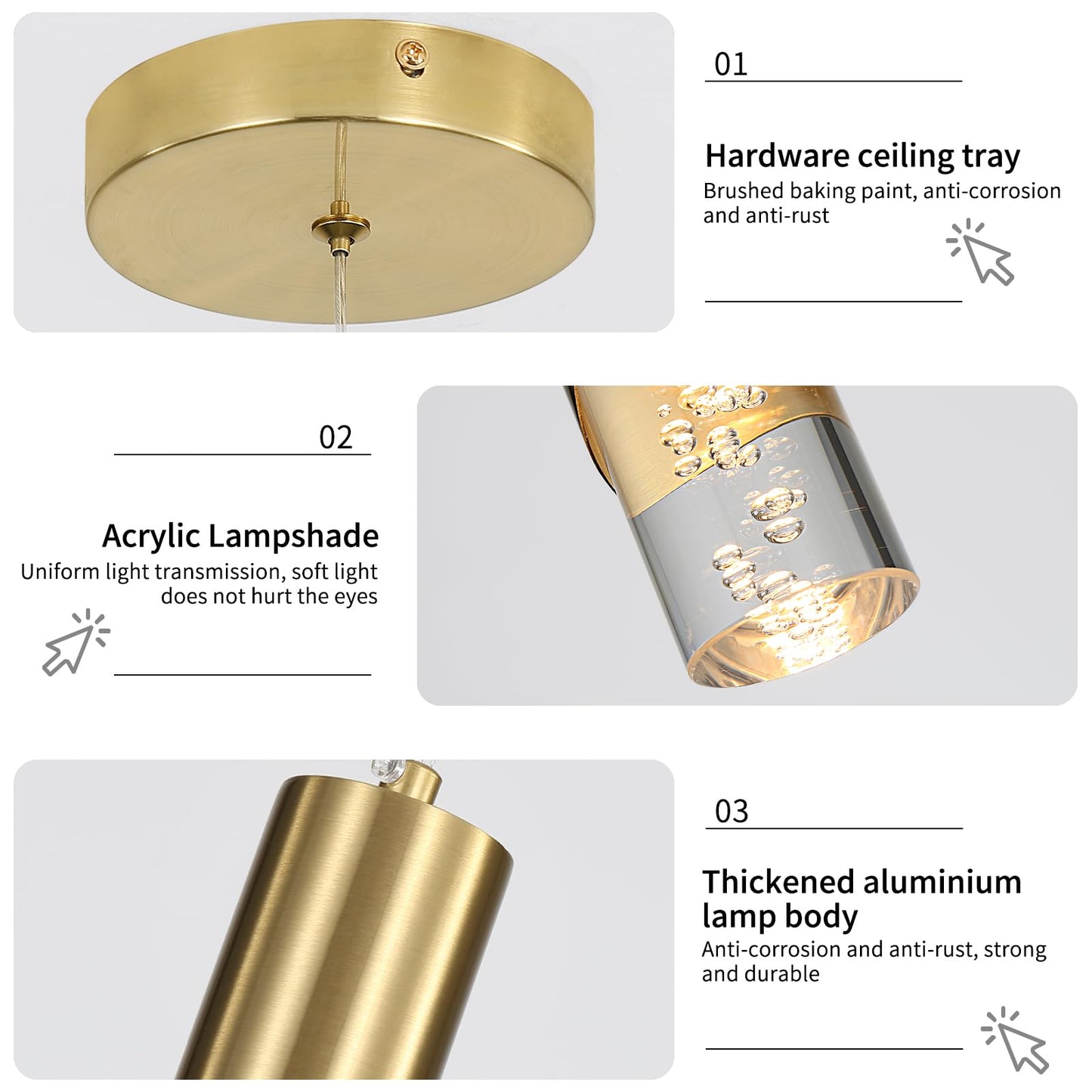 3 Pack Modern Gold Pendant Light Fixture  Acrylic Bubble Cylinder Hanging Lights  3 Color Temperatures  Minimalist Ceiling Chandelier Lighting For Dining Room  Bedroom  Hallway  Bar  Kitchen Island