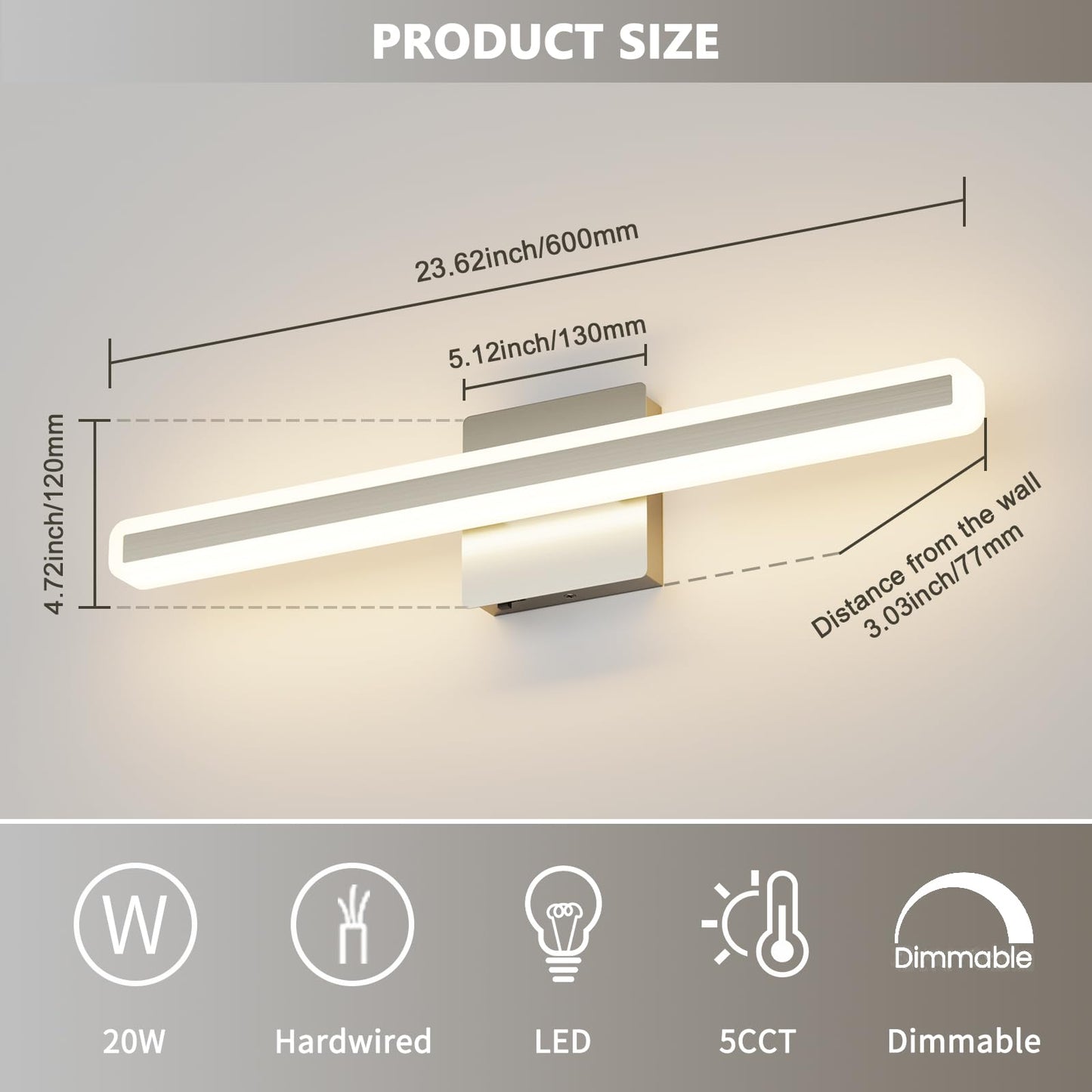 Jusheng Brushed Nickel Vanity Lights For Bathroom  5Cct Dimmable Vanity Light Bar  Modern Led Bathroom Lighting Fixtures Above Mirror 24 Inch 20W