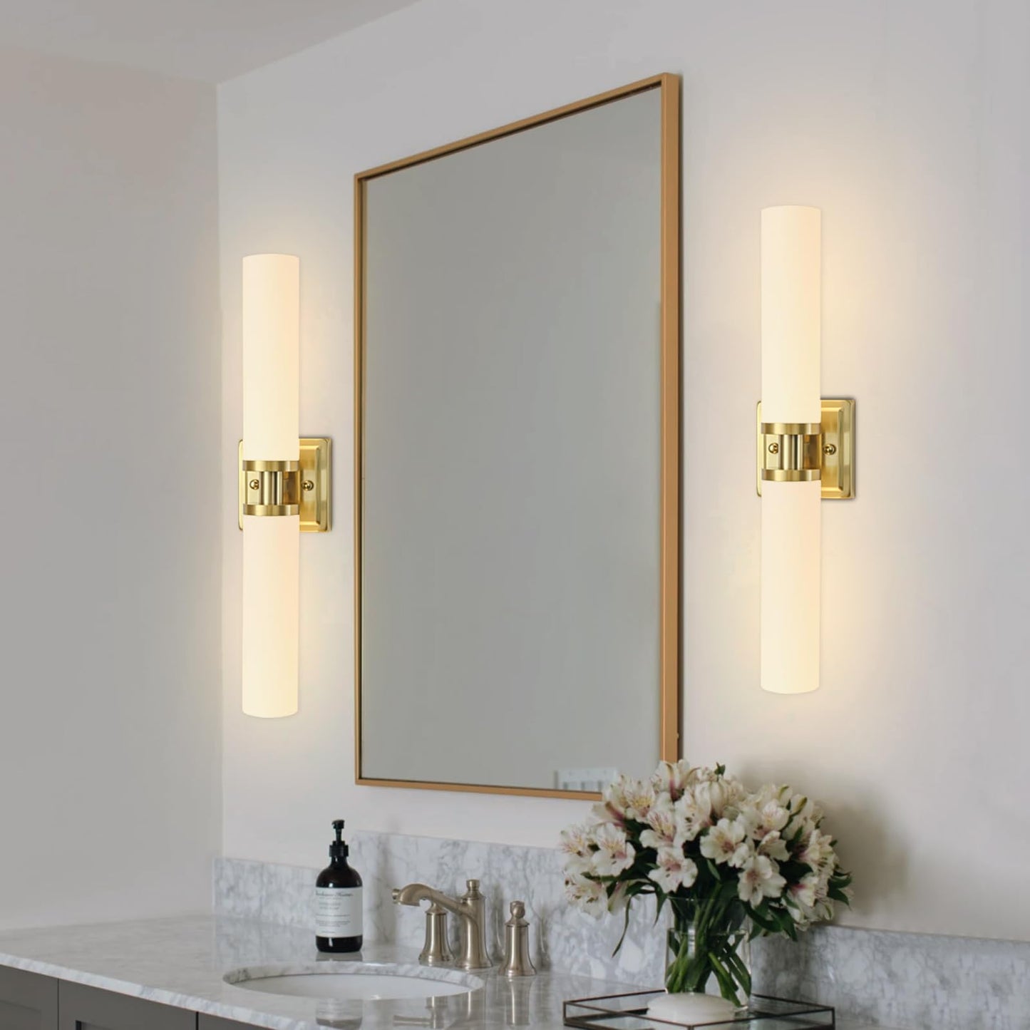 Gold Wall Sconces Set Of Two  Bathroom Sconces With Frosted Glass Shade  Modern Vanity Sconces Lighting Over Mirror  Wall Light Fixtures For Living Room Bedroom Hallway (Bulbs Not Included)