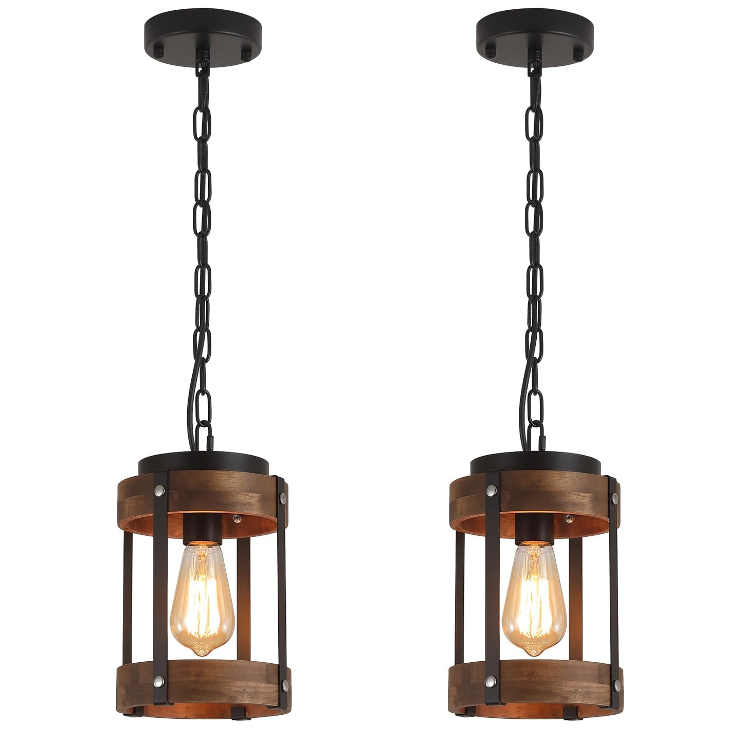 2 Pack Rustic Farmhouse Wood Pendant Light Fixture One-Light Adjustable Chain Oak Wood And Metal Drum Cage Small Pendant Lighting For Kitchen Island Sink Hallway Farmhouse Bathroom Bar  Black