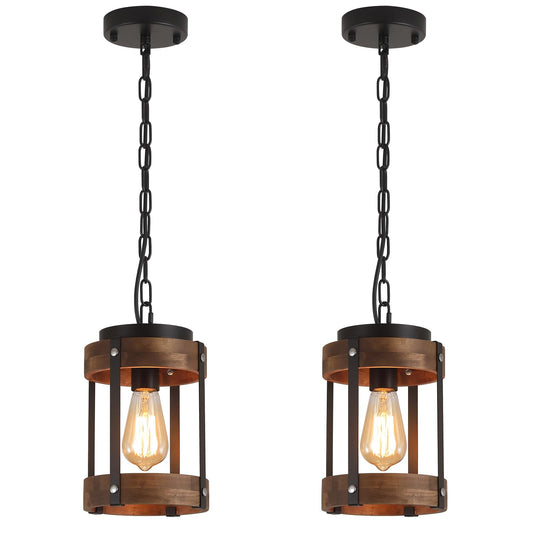 2 Pack Rustic Farmhouse Wood Pendant Light Fixture One-Light Adjustable Chain Oak Wood And Metal Drum Cage Small Pendant Lighting For Kitchen Island Sink Hallway Farmhouse Bathroom Bar  Black