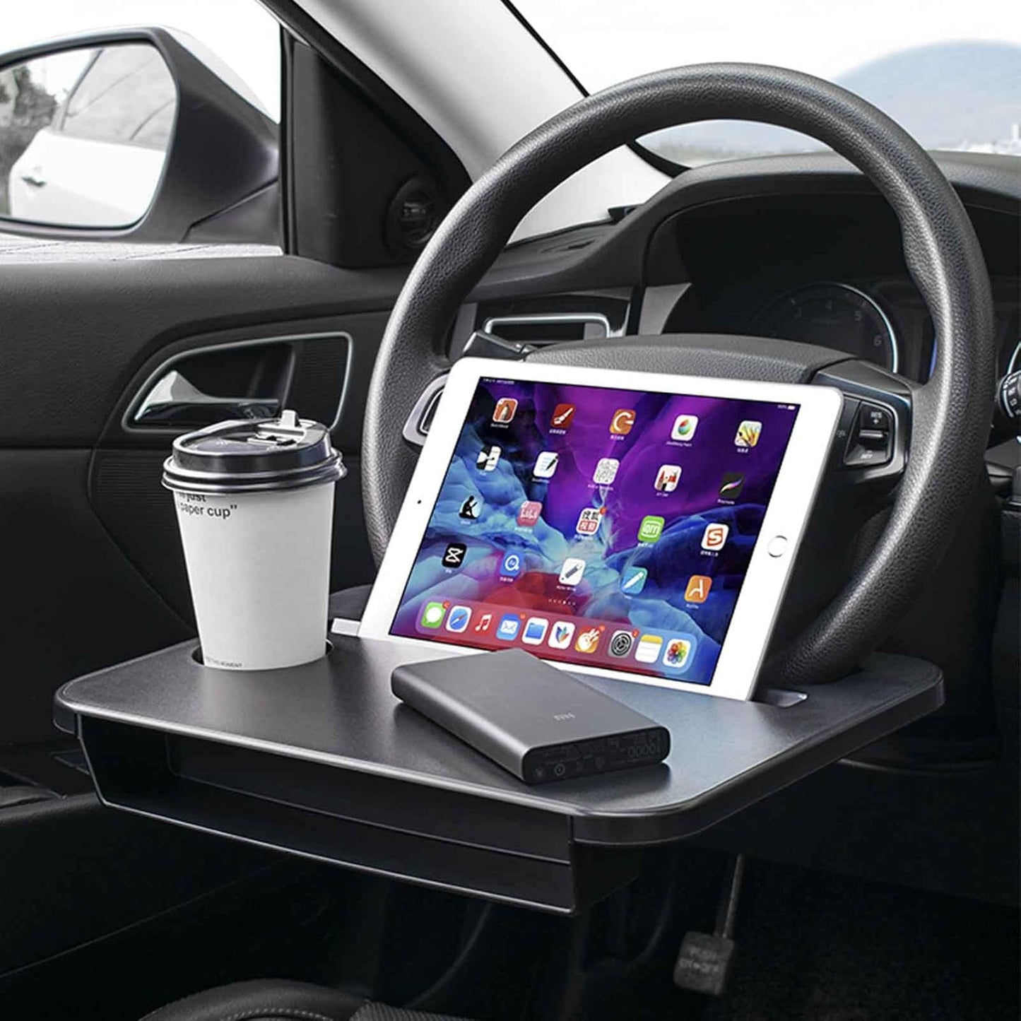 Double-use Steering Wheel Tray(14.5*11inch), Car Food Trays for Eating with Drinks Holder, Car Trays for Eating for Pad Laptop, Multipurpose Travel Car Accessories, Fits Most Vehicles Steering Wheels