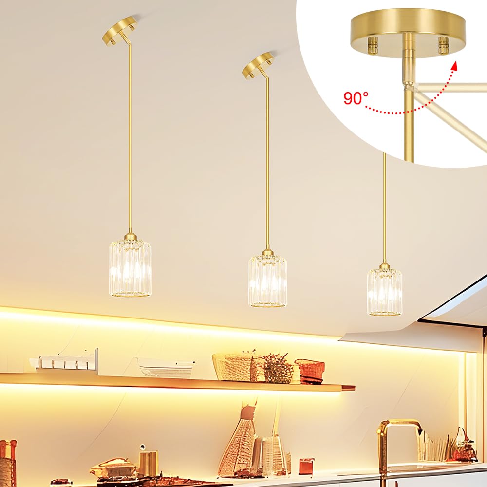 Lxybcce Gold Kitchen Pendant Lights Over Island With Adjustable Rods - Crystal Pendant Lighting Fixtures 3 Pack  Ideal Over Dining Table Or Bar  E26 Bulb Compatible  No Electrician Needed