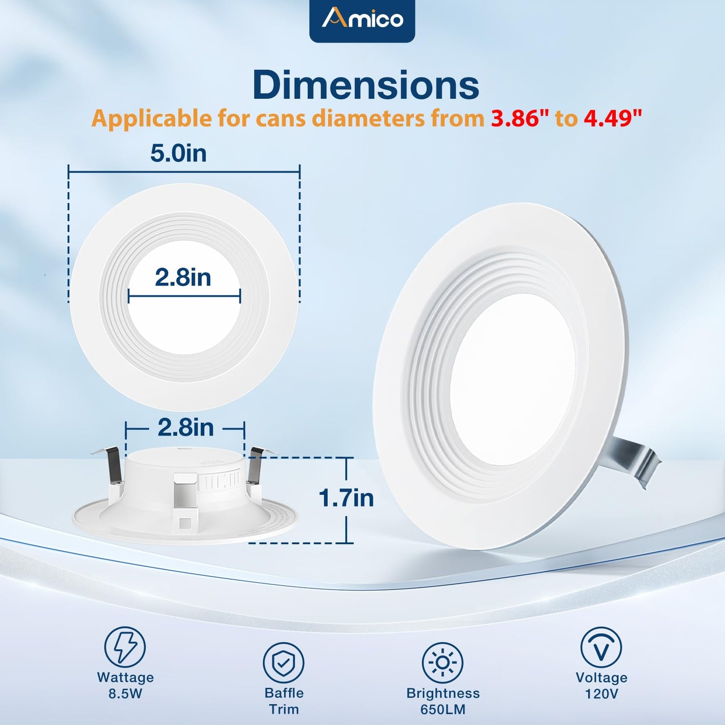 Amico 4 Inch 5Cct Led Recessed Lighting 6 Pack  Dimmable  Ic Rated  8.5W=60W  650Lm Can Lights With Baffle Trim  2700K/3000K/4000K/5000K/6000K Selectable  Retrofit Installation  Etl & Fcc