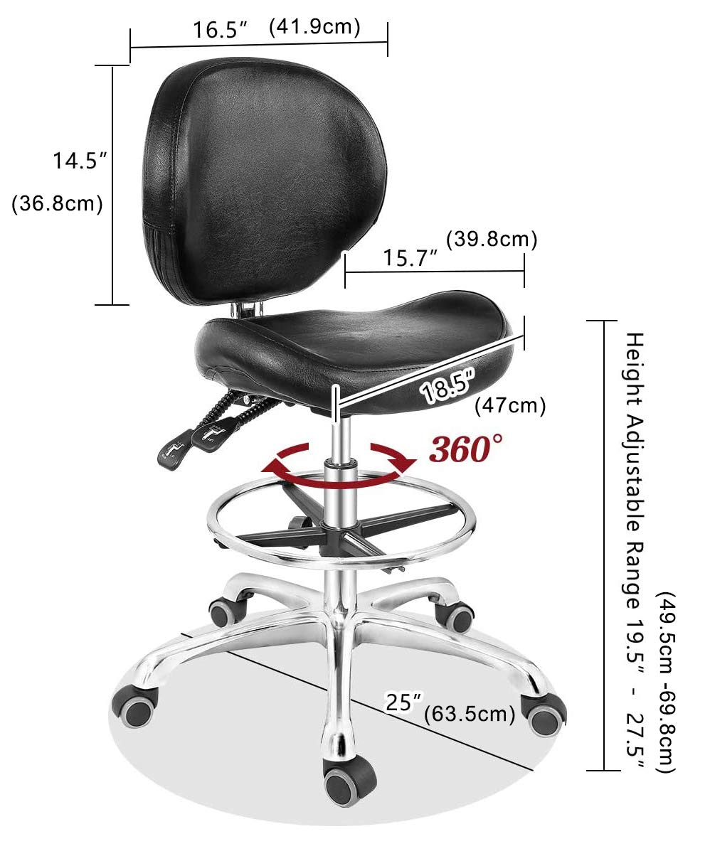 Grace&Grace Drafting Chair Adjustable Tall Shop Stool, Rolling Chair with Backrest and Footrest for Computer, Studio, Workshop, Classroom, Lab, Counter, Home Office (Black)