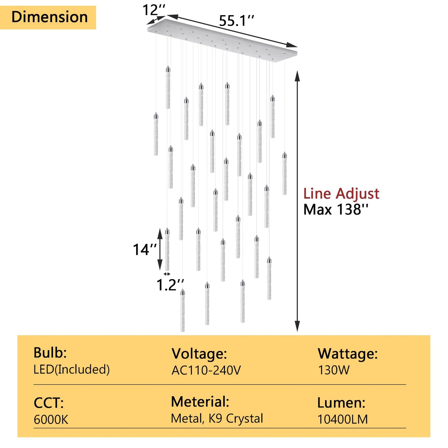 Rectangular Chandeliers 26-Lights Long Light For Entryway Led Dimmable Chandeliers Lighting Fixture Flat Sloped High Ceiling Pendant Lights Crystal For Living Room Foyer Hallway Staircase Silver