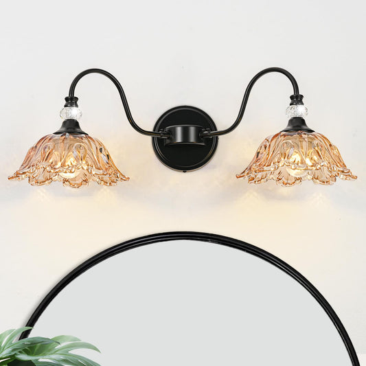 Sunkryster Black Bathroom Vanity Light  2-Light Vanity Light With Floral Amber Glass Shades Vintage Farmhouse Wall Mount Lighting For Bathroom  Dressing Table