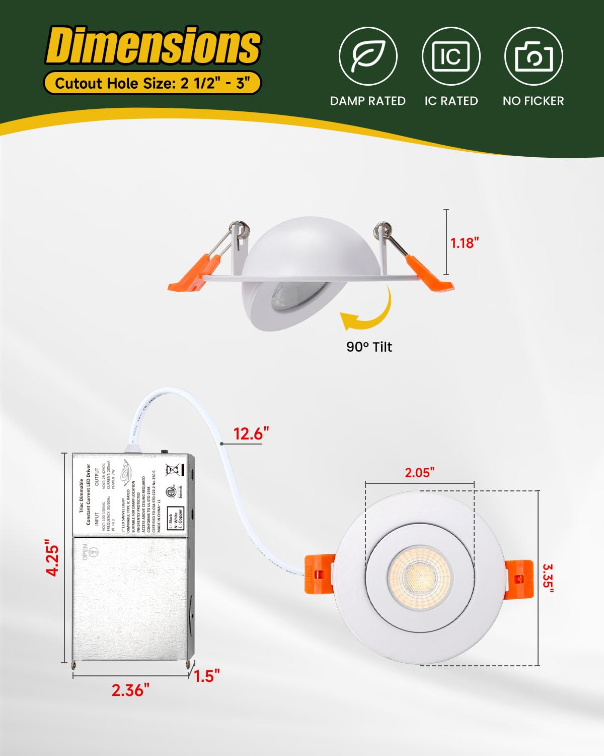 Zyc Gimbal Led Recessed Lighting - 3 Inch 5Cct 7W 360 Rotation Adjustable Eyeball Light Led Swivel Spotlight Directional Sloped Ceiling Light Dimmable Canless Wafer Downlight Pack Of 6 White.
