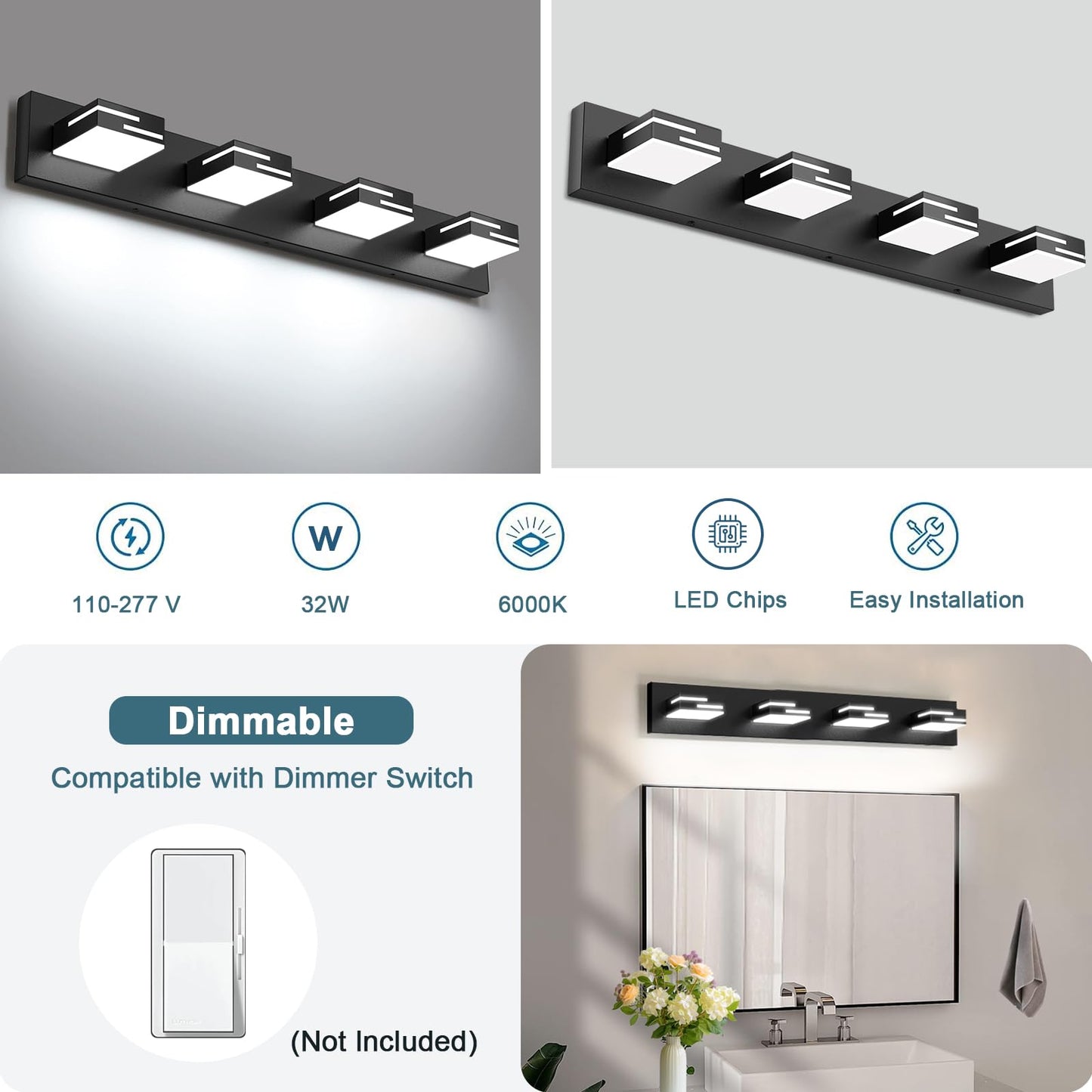 Lkhf Led Modern Bathroom Vanity Light Fixtures 4-Light 28-Inch Dimmable Matte Black Vanity Lights For Bathroom Lighting Fixtures Over Mirror  With 350?Rotatable Acrylic Heads (Cool White 6000K)
