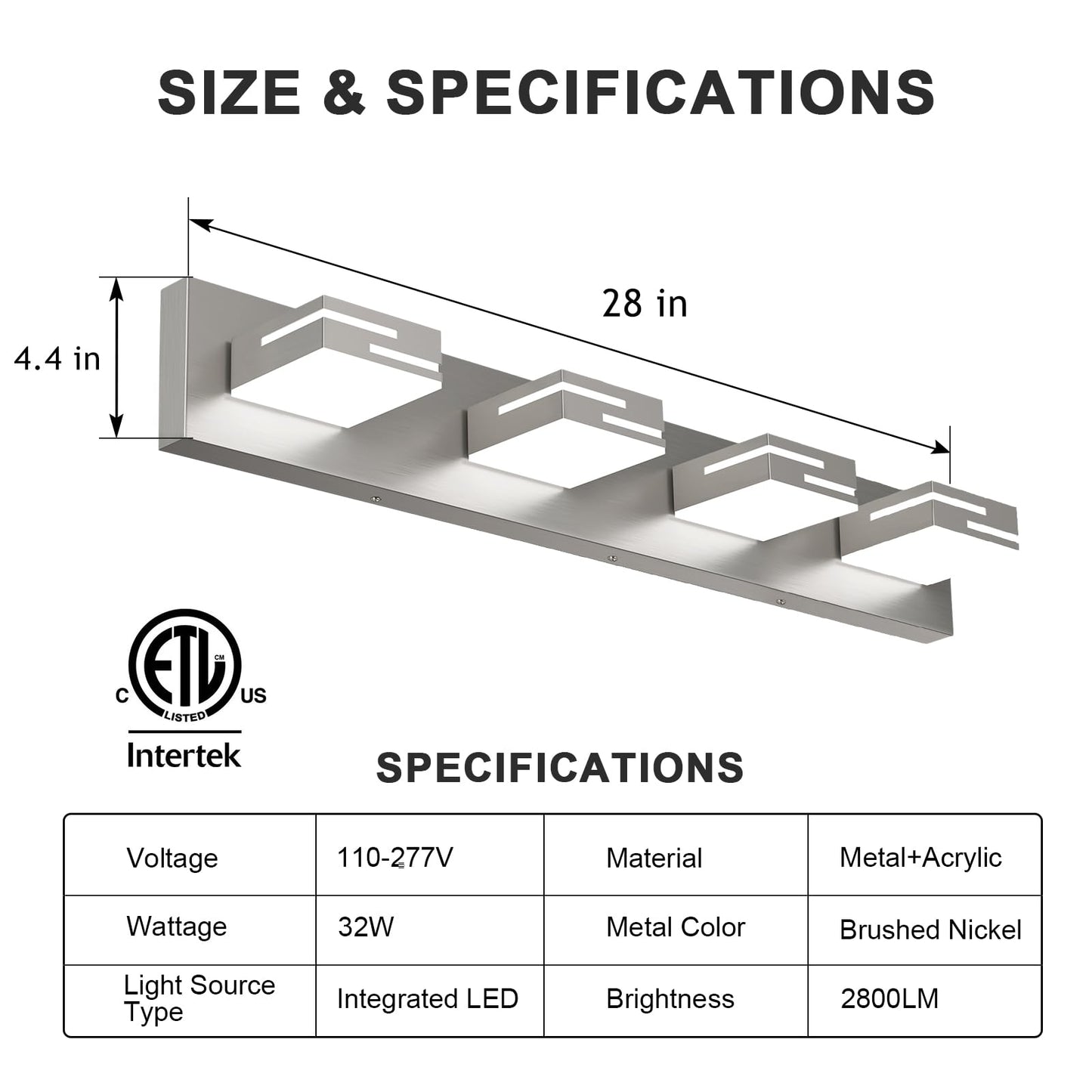 Lkhf Led Modern Bathroom Vanity Light Fixtures 4-Light 28-Inch Dimmable Brushed Nickel Vanity Lights For Bathroom Lighting Fixtures Over Mirror  With 350?Rotatable Acrylic Heads (Cool White 6000K)