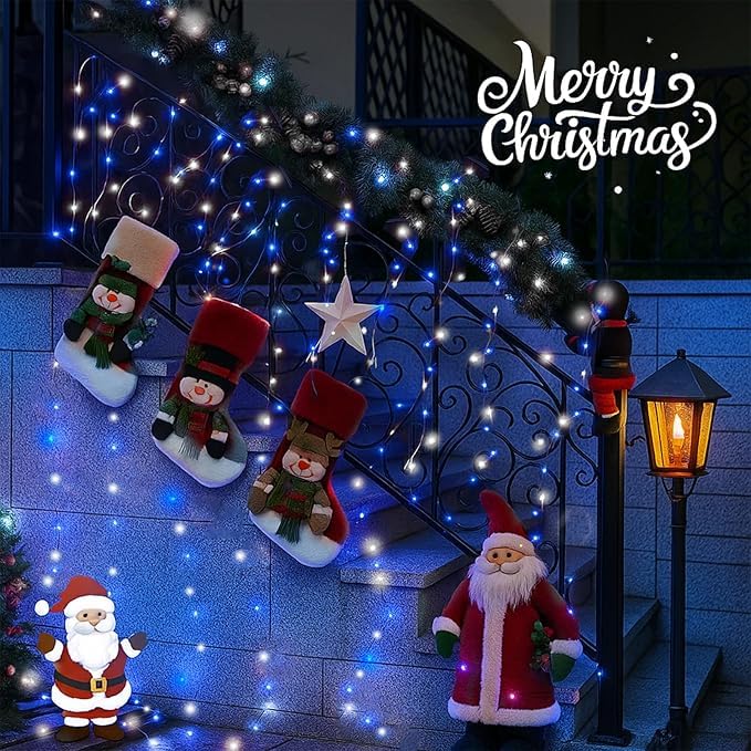 4 Pack 180Ft Solar Christmas Lights Outdoor Waterproof  Super Bright 320 Led Solar String Lights With 8 Lighting Modes  Green Wire Twinkle Tree Light For Outside Xmas Party Decorations(Blue And White)
