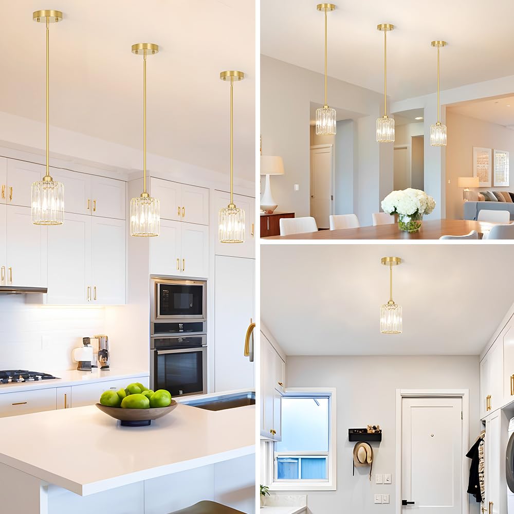 Lxybcce Gold Kitchen Pendant Lights Over Island With Adjustable Rods - Crystal Pendant Lighting Fixtures 3 Pack  Ideal Over Dining Table Or Bar  E26 Bulb Compatible  No Electrician Needed