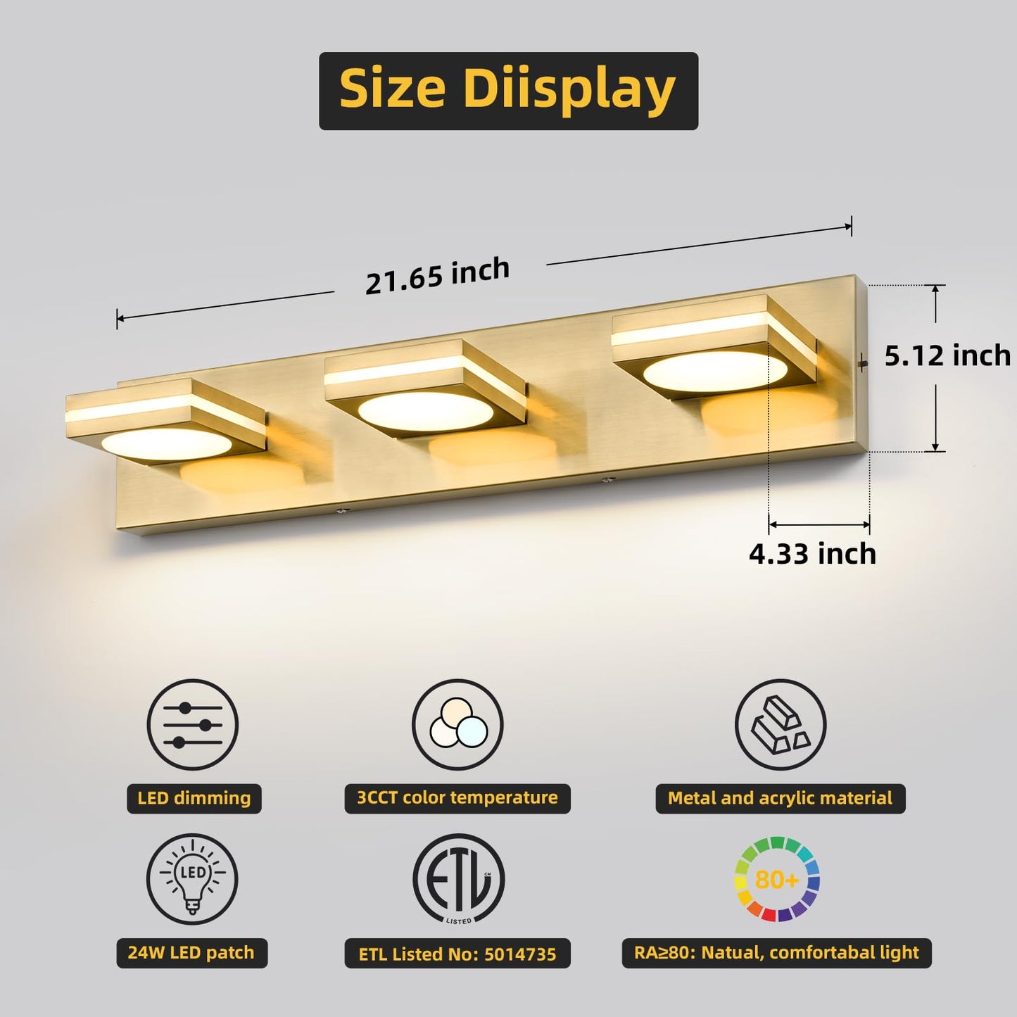Okeli 3-Light Led Bathroom Vanity Light Fixtures  Gold Modern Bathroom Wall Lighting Fixtures Over Mirror (3Cct  3000K-6000K)